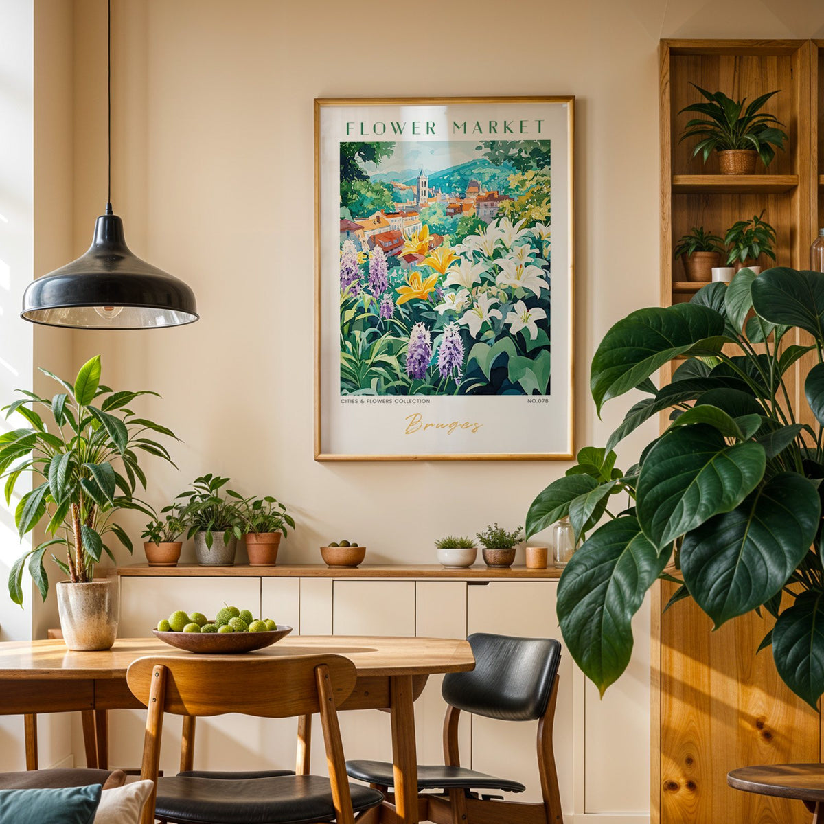 Bruges flower market print in an oak frame above a dining sideboard lined with potted plants