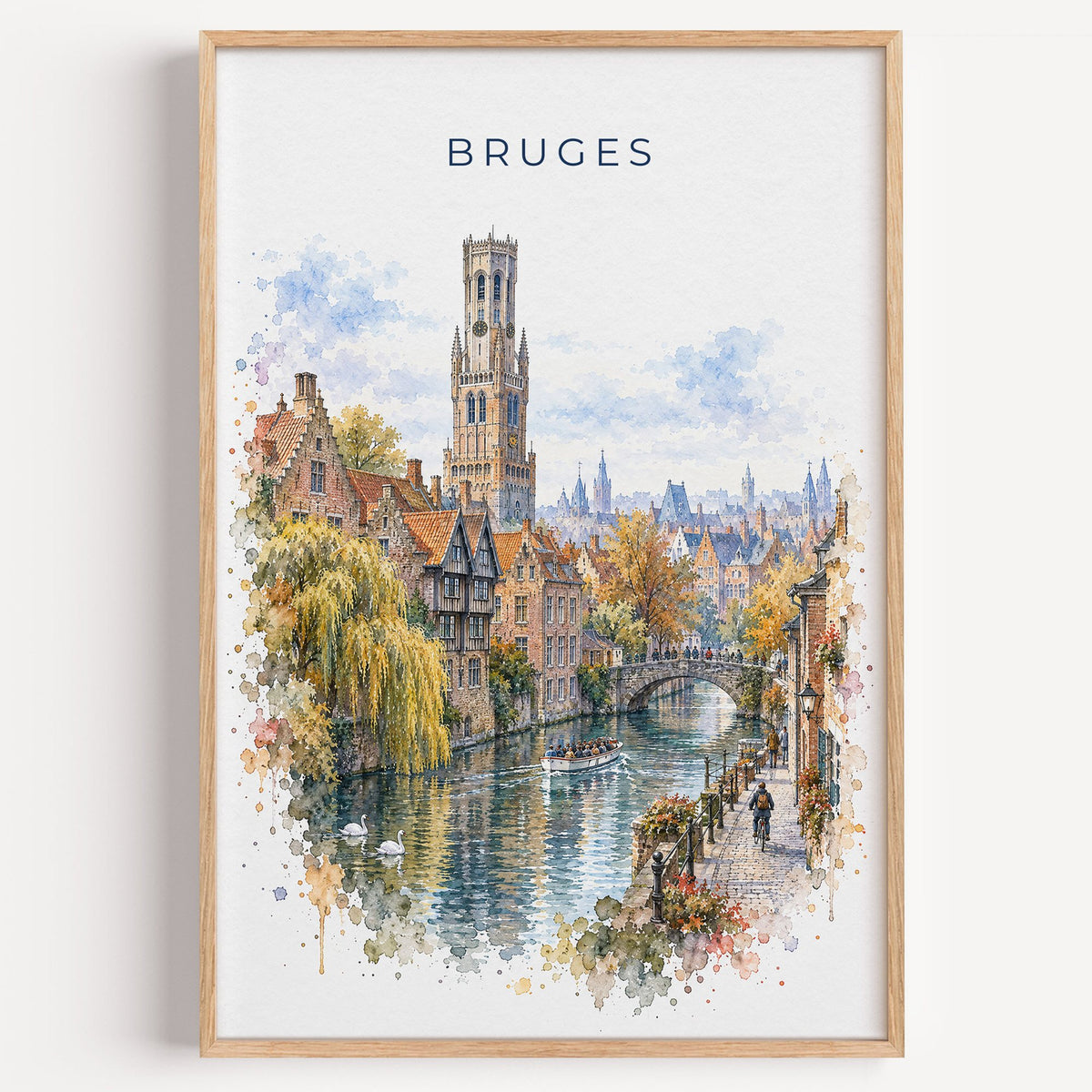 Bruges watercolor print in a light oak frame on a plain white wall