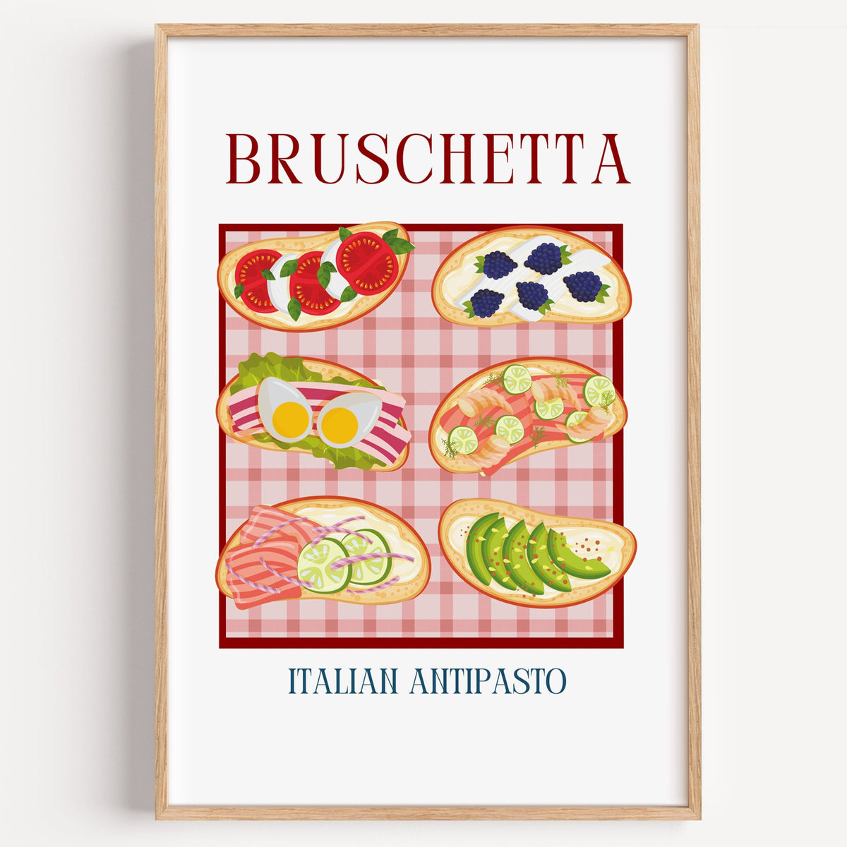 BRUSCHETTA six toasts pink gingham print in a light oak frame on a plain white wall
