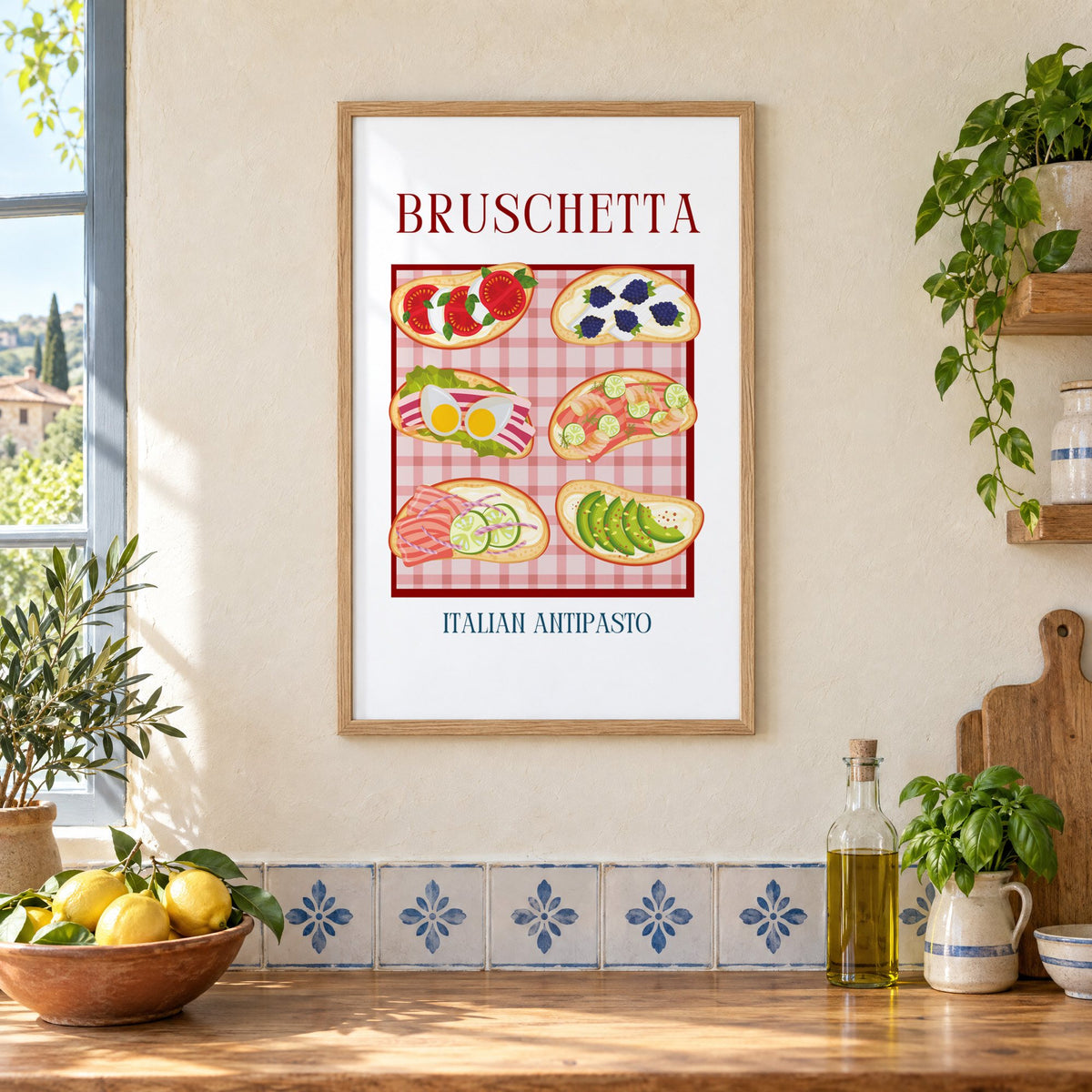 BRUSCHETTA six toasts pink gingham print in an oak frame on a cream plaster wall above a worktop with a bowl of lemons and blue-and-white tiles