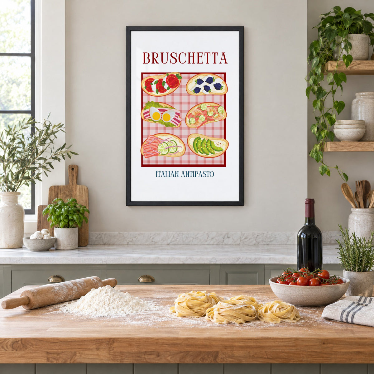 BRUSCHETTA six toasts pink gingham print in a black frame above a butcher-block island with fresh pasta, flour and cherry tomatoes
