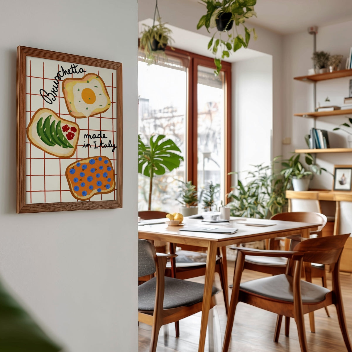 Bruschetta print in a walnut frame beside a mid-century dining table