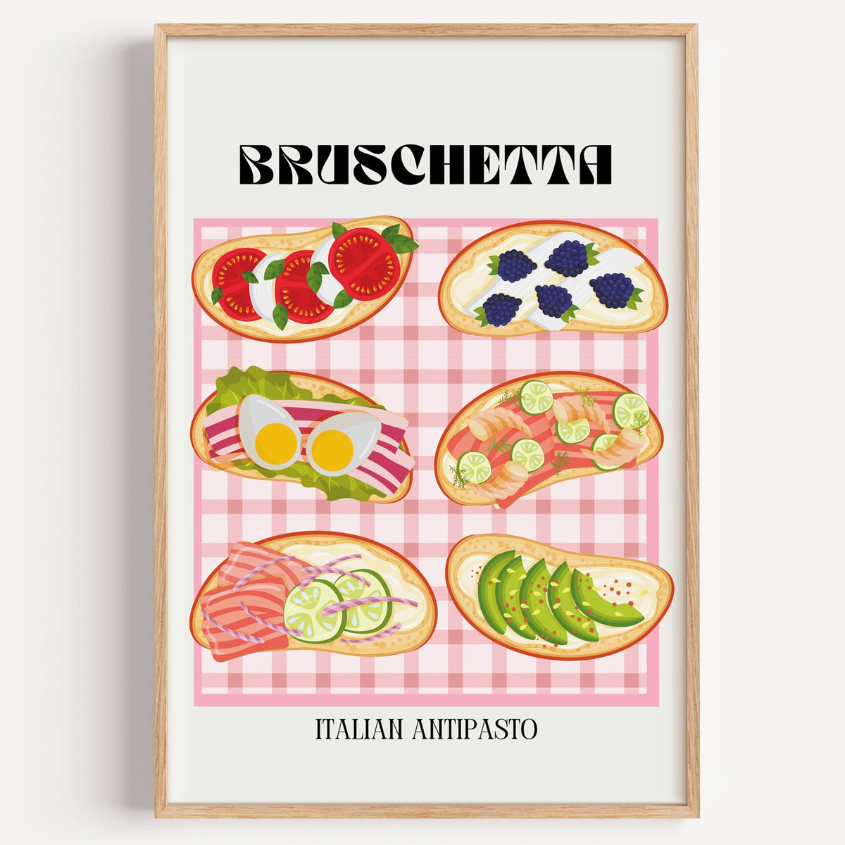 BRUSCHETTA pink gingham print in a light oak frame on a plain white wall