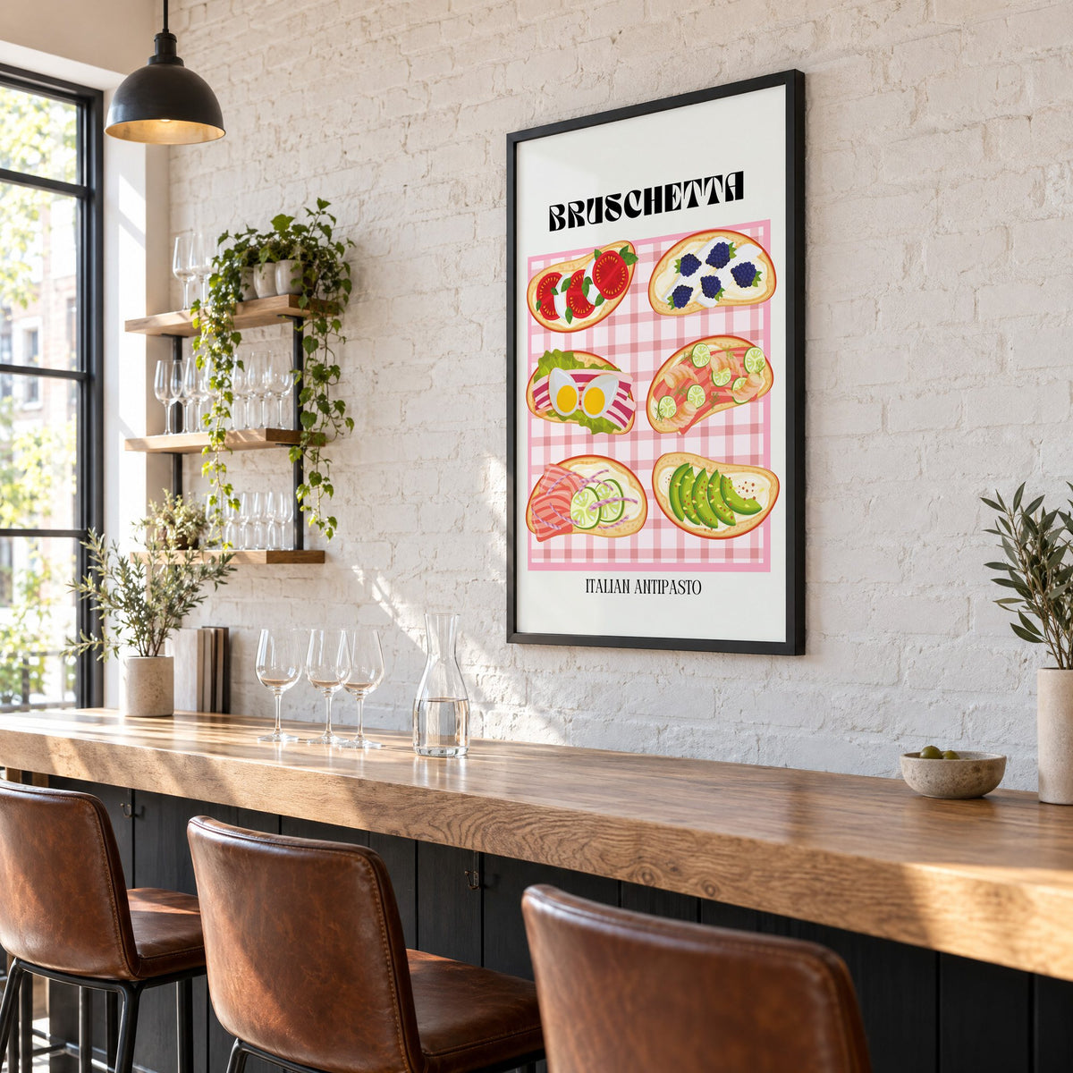 BRUSCHETTA pink gingham print in a black frame on a white brick wall above a wine bar counter