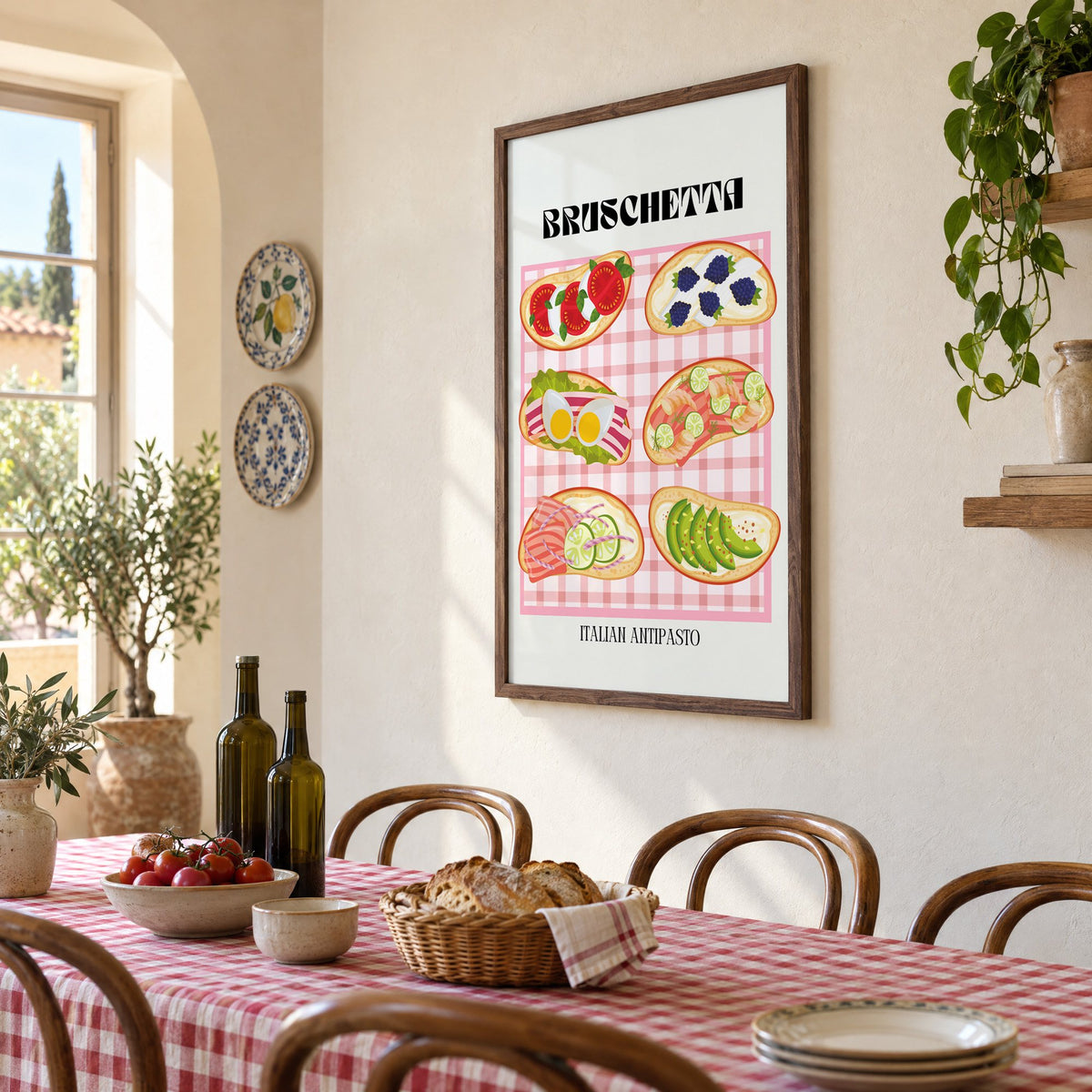 BRUSCHETTA pink gingham print in a walnut frame above a gingham-covered trattoria table, seen at an angle