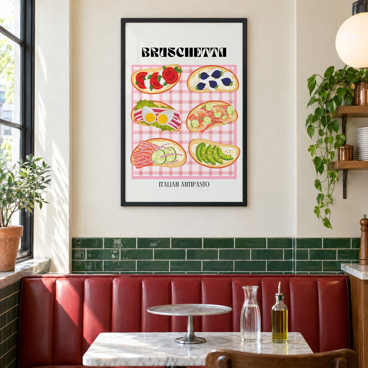 BRUSCHETTA pink gingham print in a black frame above a red leather booth in a sunny pizzeria