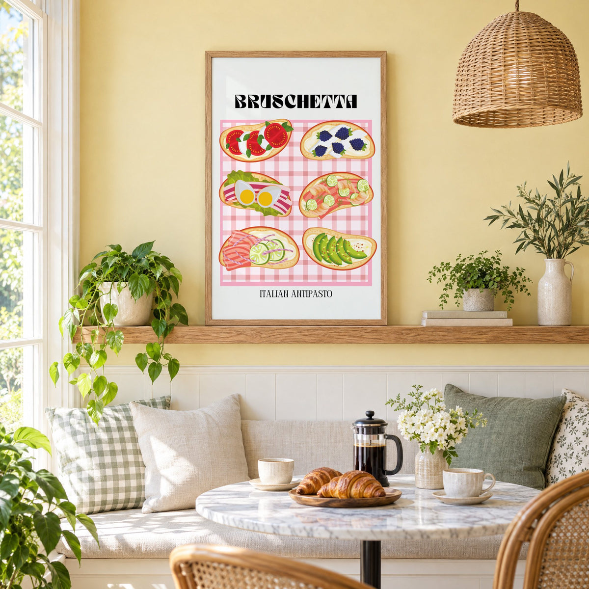 BRUSCHETTA pink gingham print in an oak frame on a picture ledge above a sunny breakfast nook