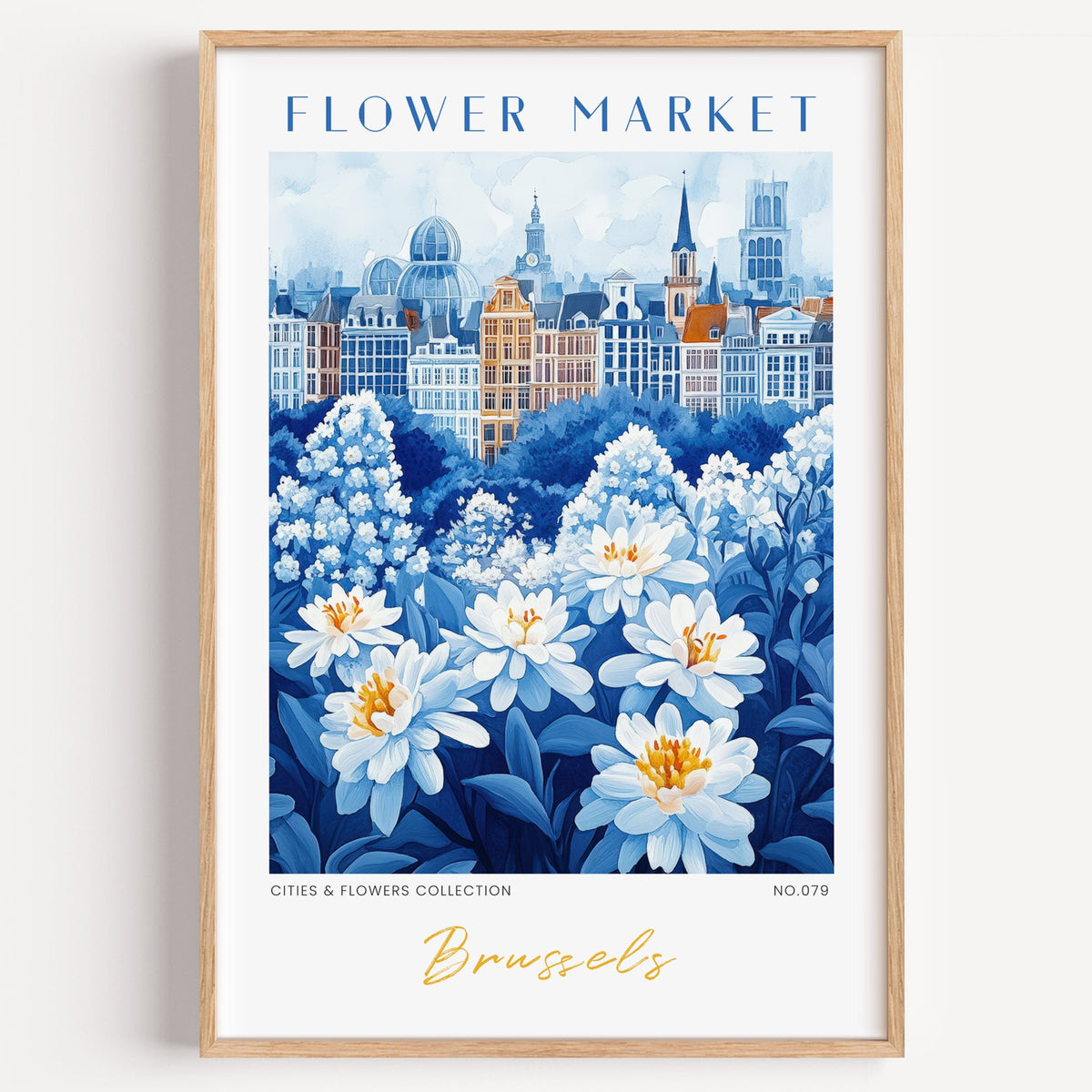 Brussels flower market print in a light oak frame on a plain white wall