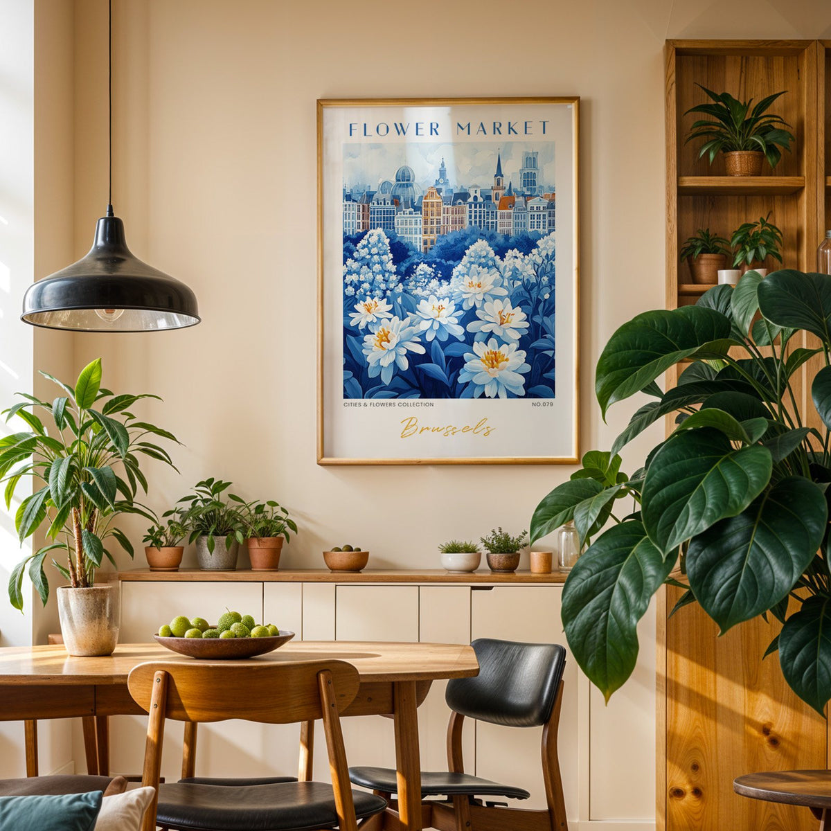 Brussels flower market print in an oak frame above a dining sideboard lined with potted plants