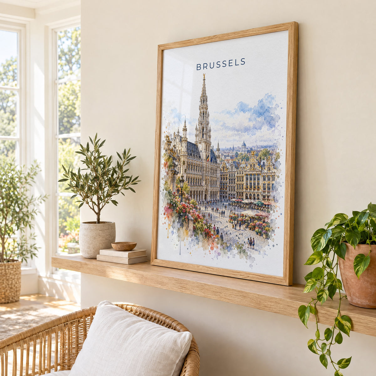 Brussels watercolor print in an oak frame on a picture ledge in a sunlit sunroom