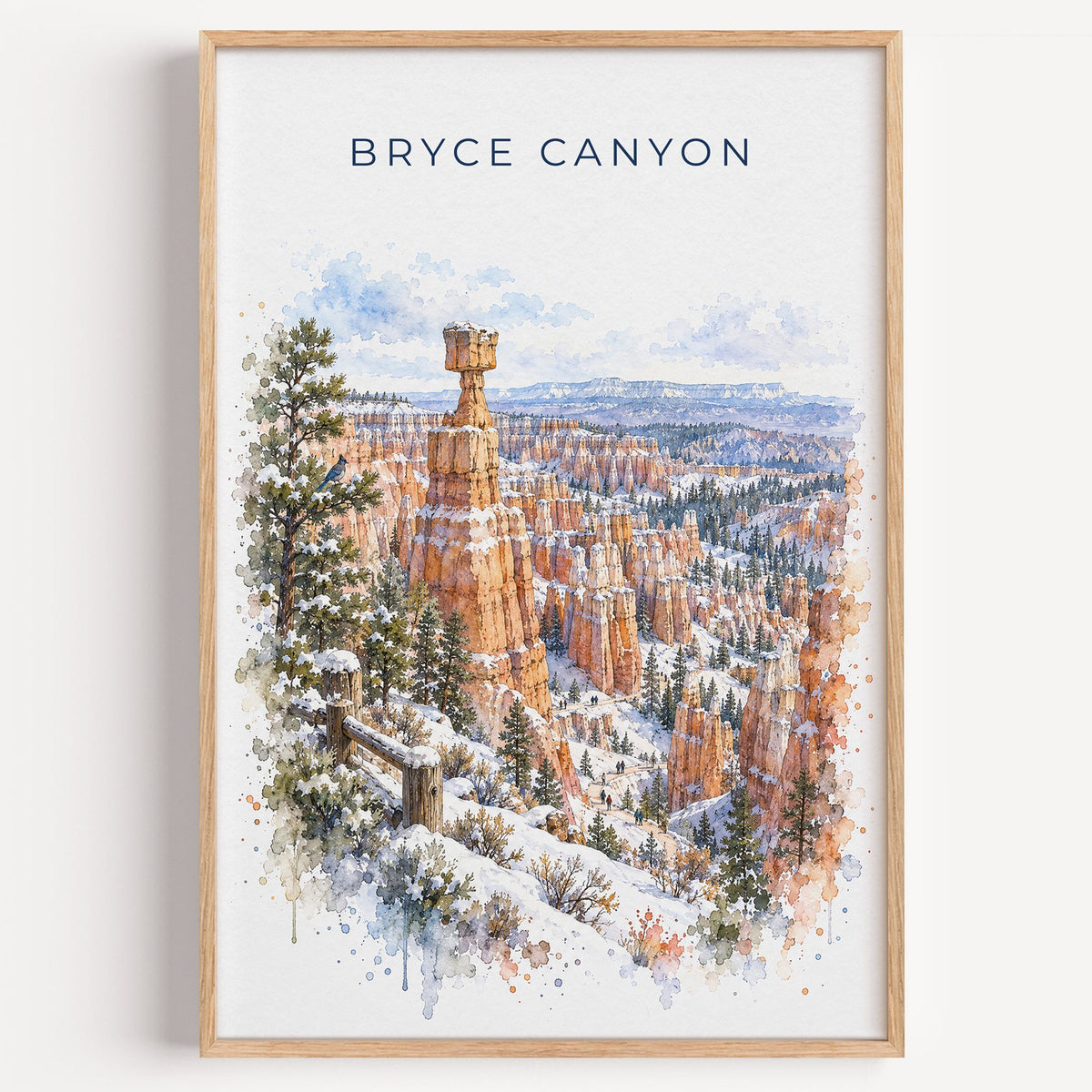 Bryce Canyon National Park watercolor print in a light oak frame on a plain white wall