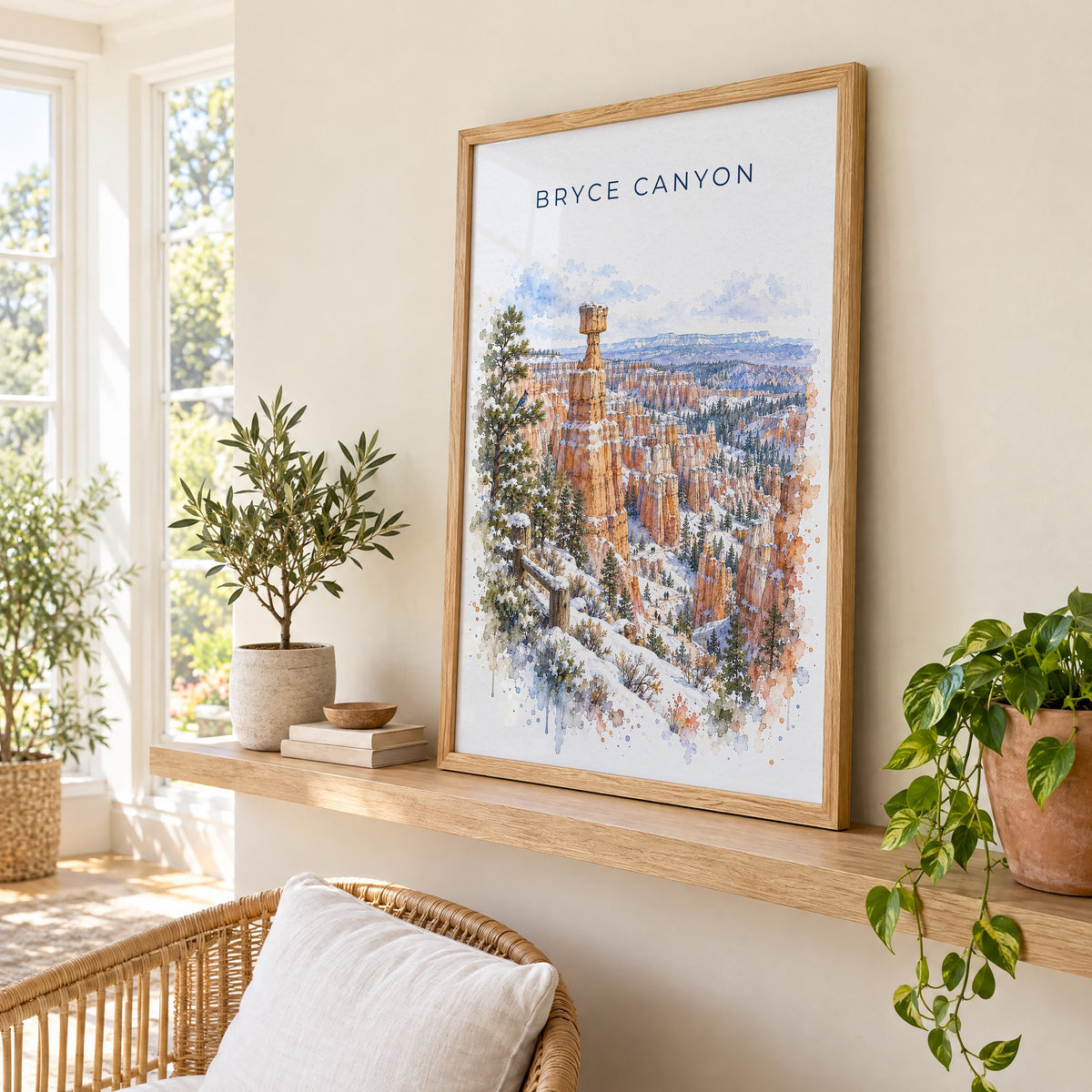 Bryce Canyon National Park watercolor print in an oak frame on a picture ledge in a sunlit sunroom