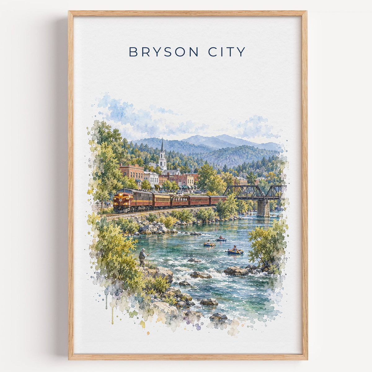 Bryson City, North Carolina watercolor print in a light oak frame on a plain white wall