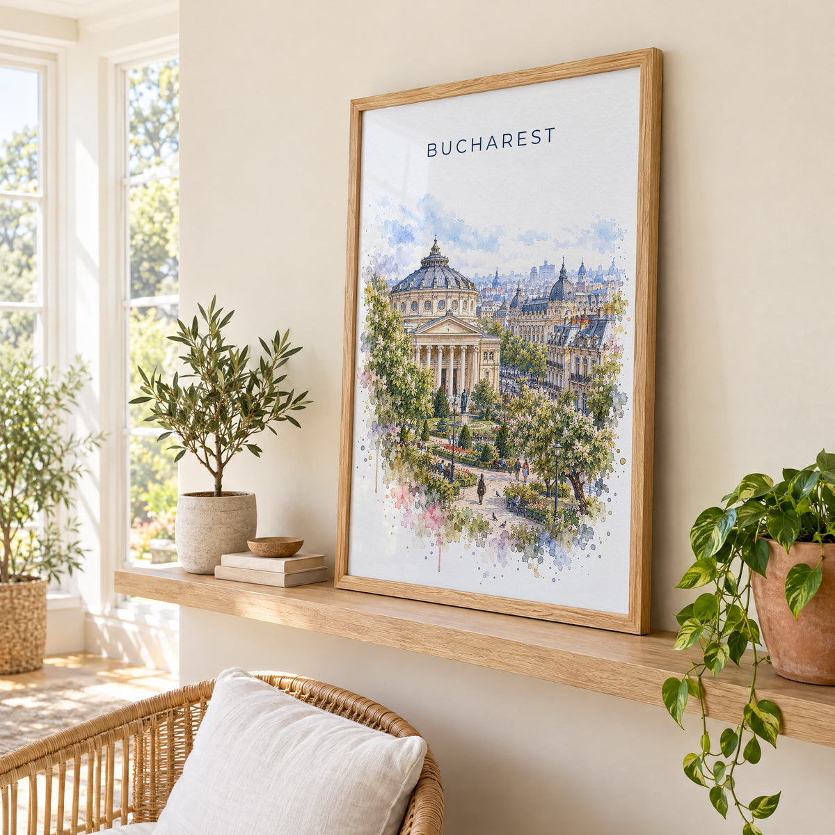 Bucharest watercolor print in an oak frame on a picture ledge in a sunlit sunroom