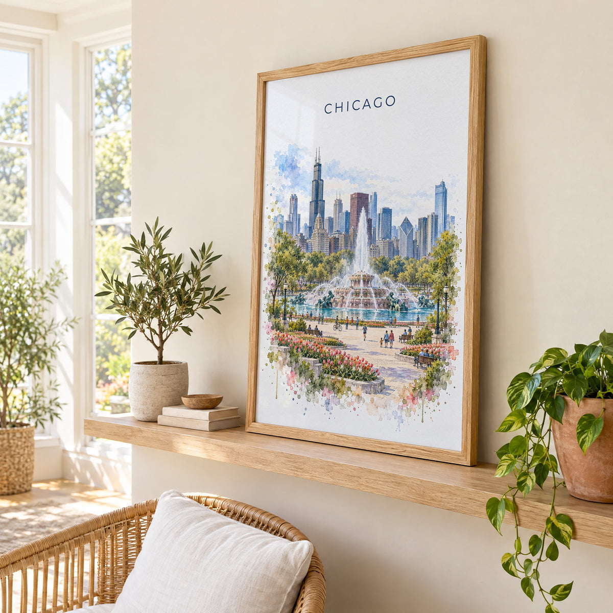 Buckingham Fountain Chicago watercolor print in an oak frame on a picture ledge in a sunlit sunroom