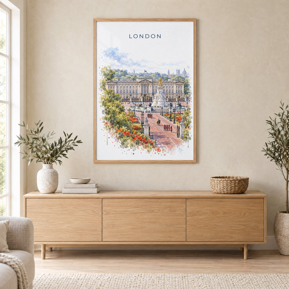 Buckingham Palace watercolor print in an oak frame above a light wood sideboard in a Scandinavian living room