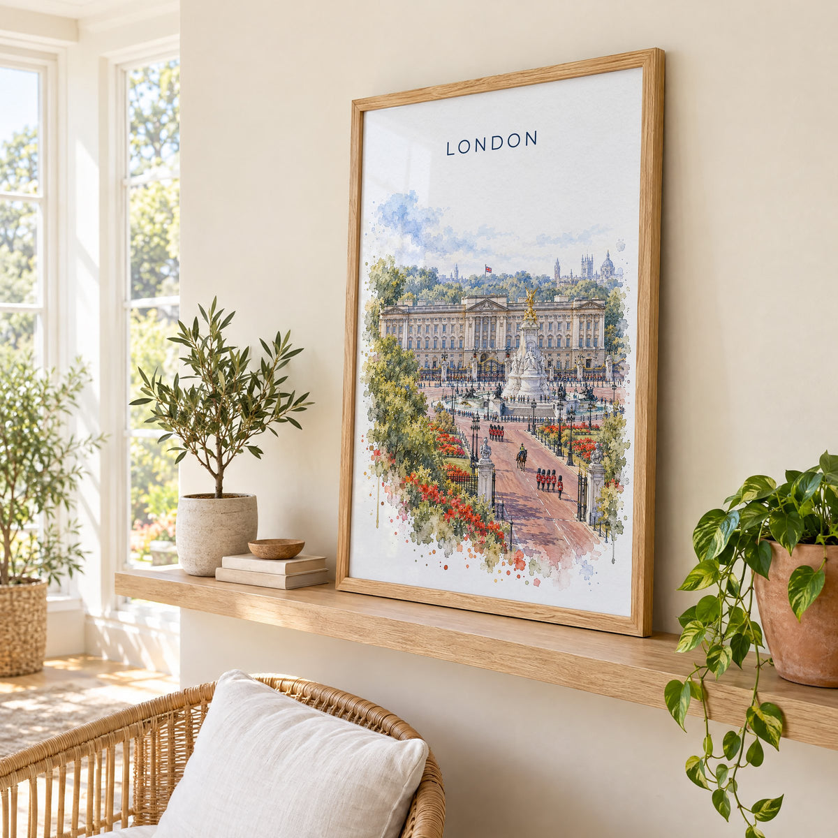 Buckingham Palace watercolor print in an oak frame on a picture ledge in a sunlit sunroom