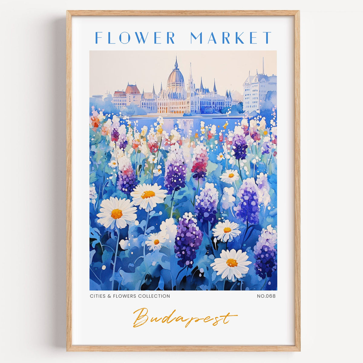 Budapest flower market print in a light oak frame on a plain white wall