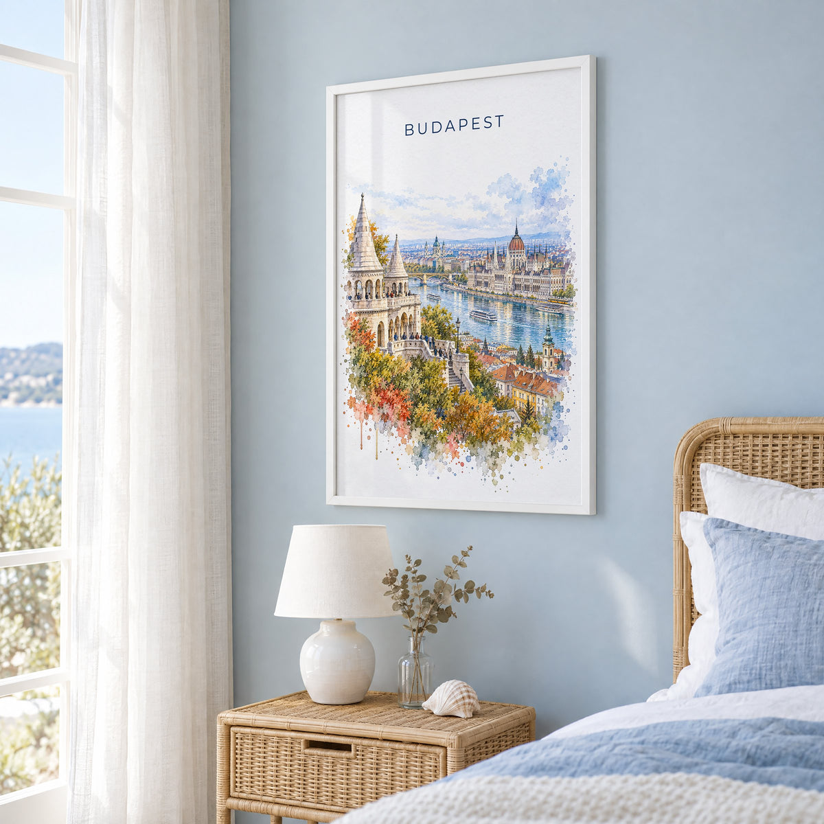 Budapest watercolor print in a white frame on a pale blue wall beside a rattan bed in a coastal bedroom
