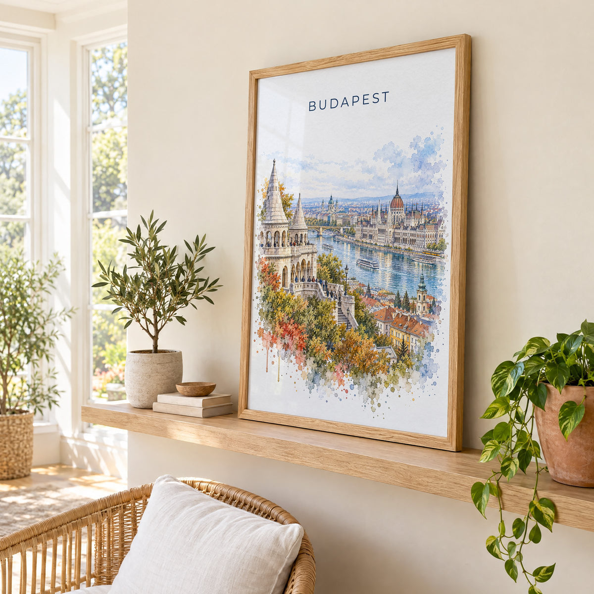 Budapest watercolor print in an oak frame on a picture ledge in a sunlit sunroom