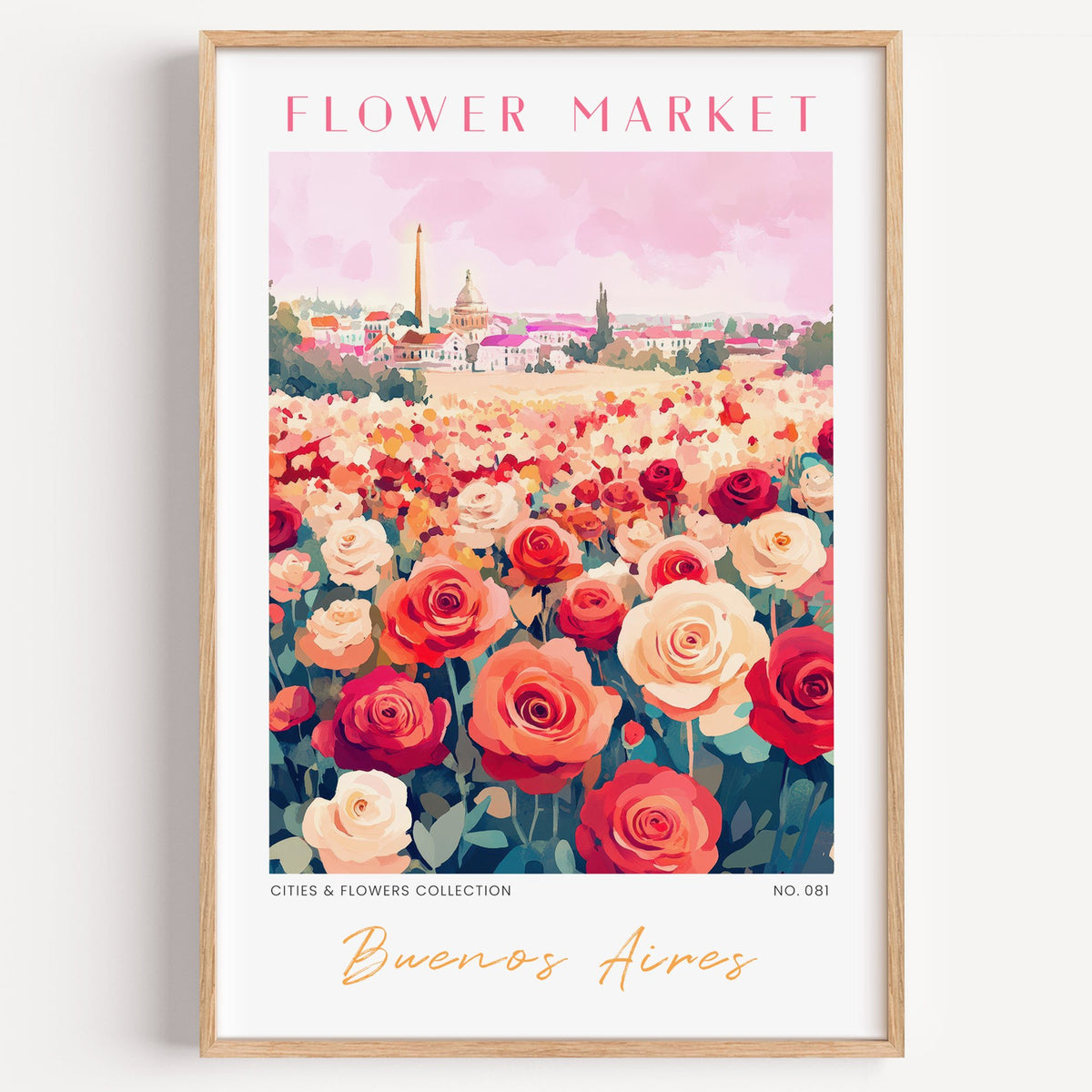 Buenos Aires flower market print in a light oak frame on a plain white wall