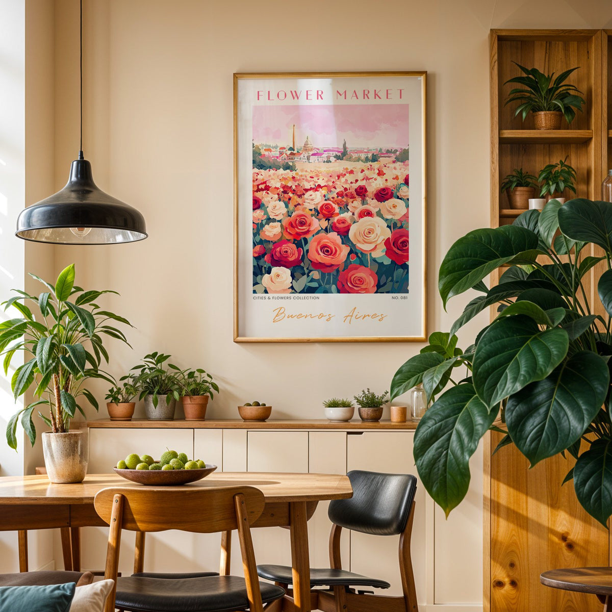 Buenos Aires flower market print in an oak frame above a dining sideboard lined with potted plants
