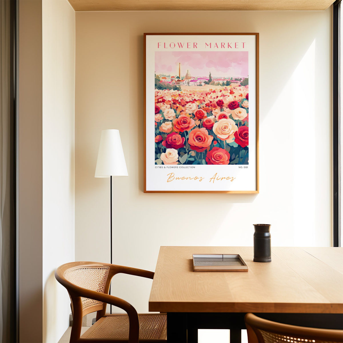 Buenos Aires flower market print in an oak frame above a dining table and cane chair