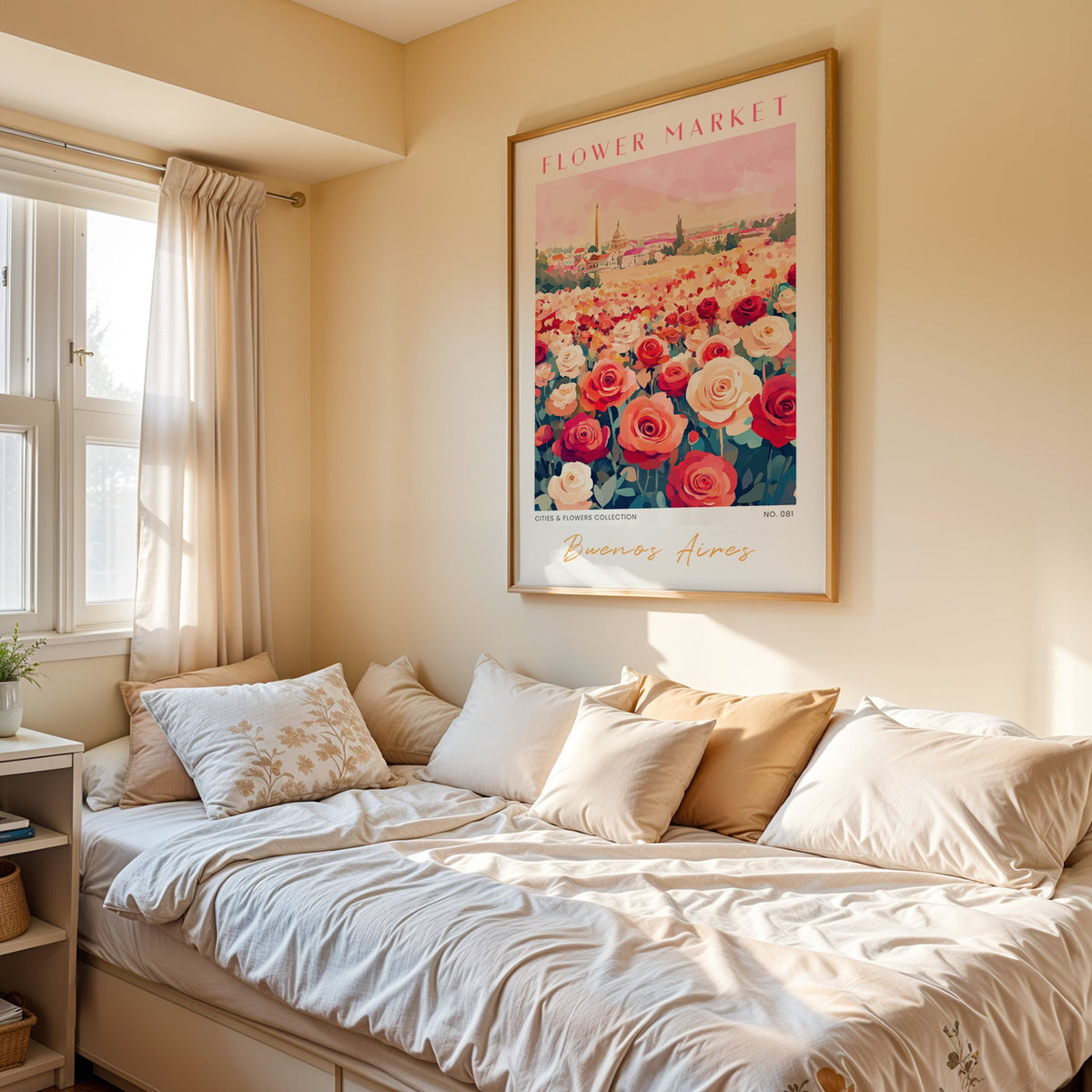 Buenos Aires flower market print in an oak frame above a cream daybed in a sunny bedroom