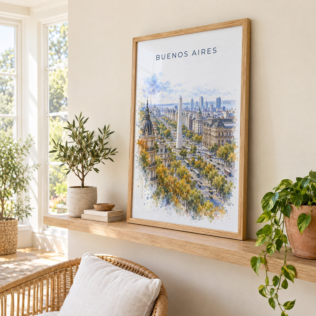 Buenos Aires watercolor print in an oak frame on a picture ledge in a sunlit sunroom