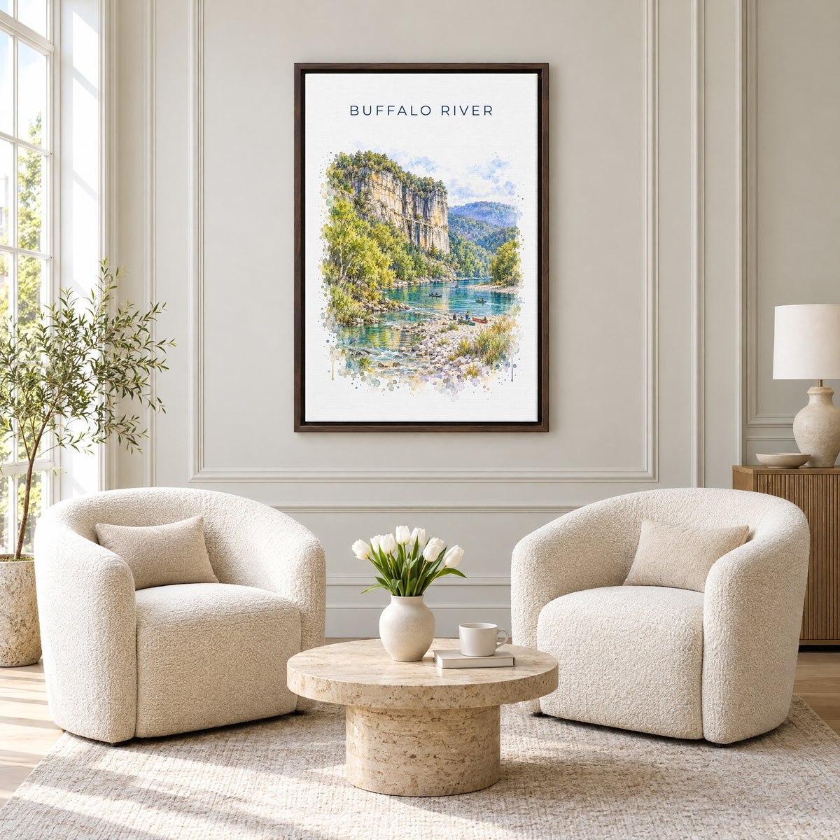 Buffalo National River watercolor print as an espresso floater canvas above two boucle armchairs in a hotel lounge