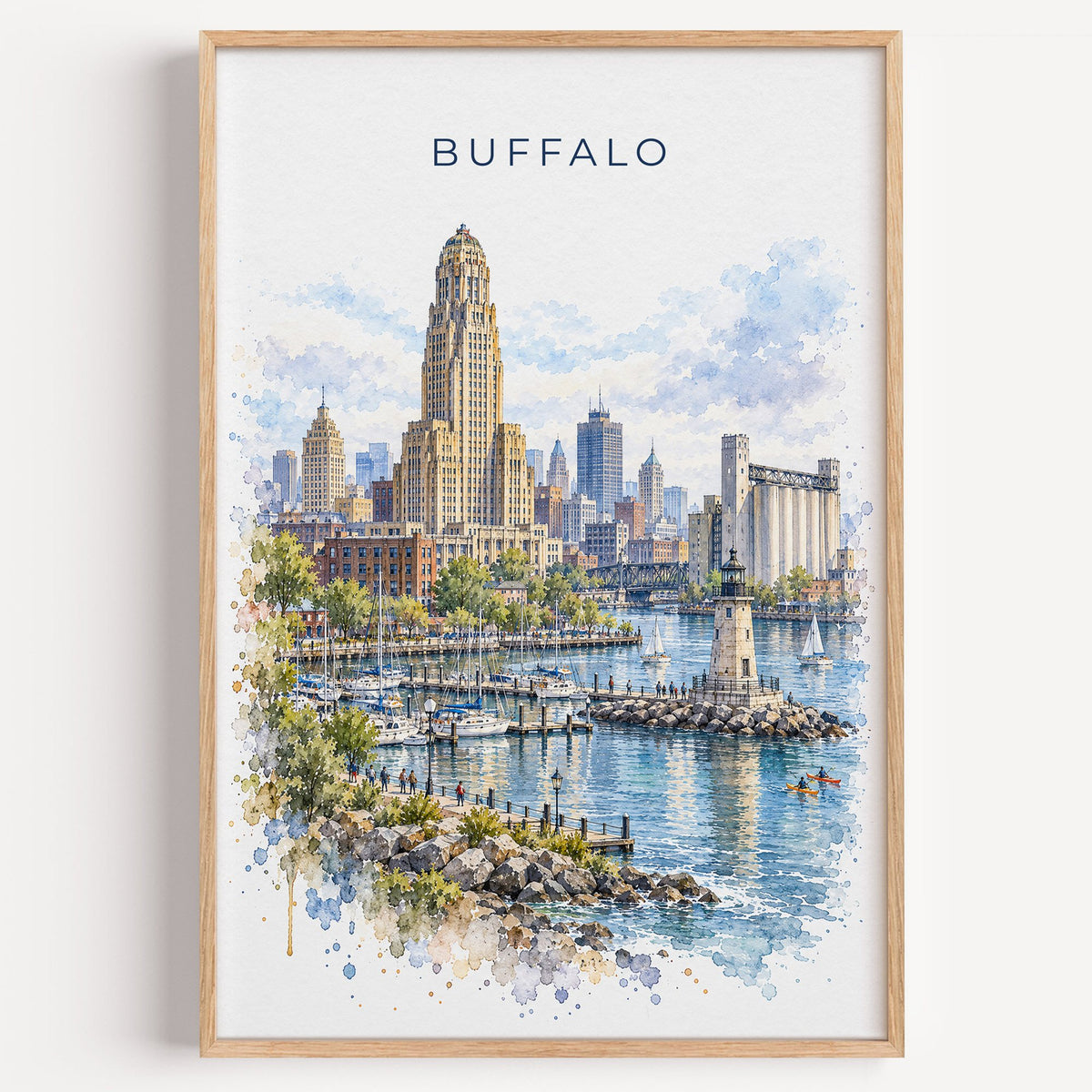 Buffalo watercolor print in a light oak frame on a plain white wall
