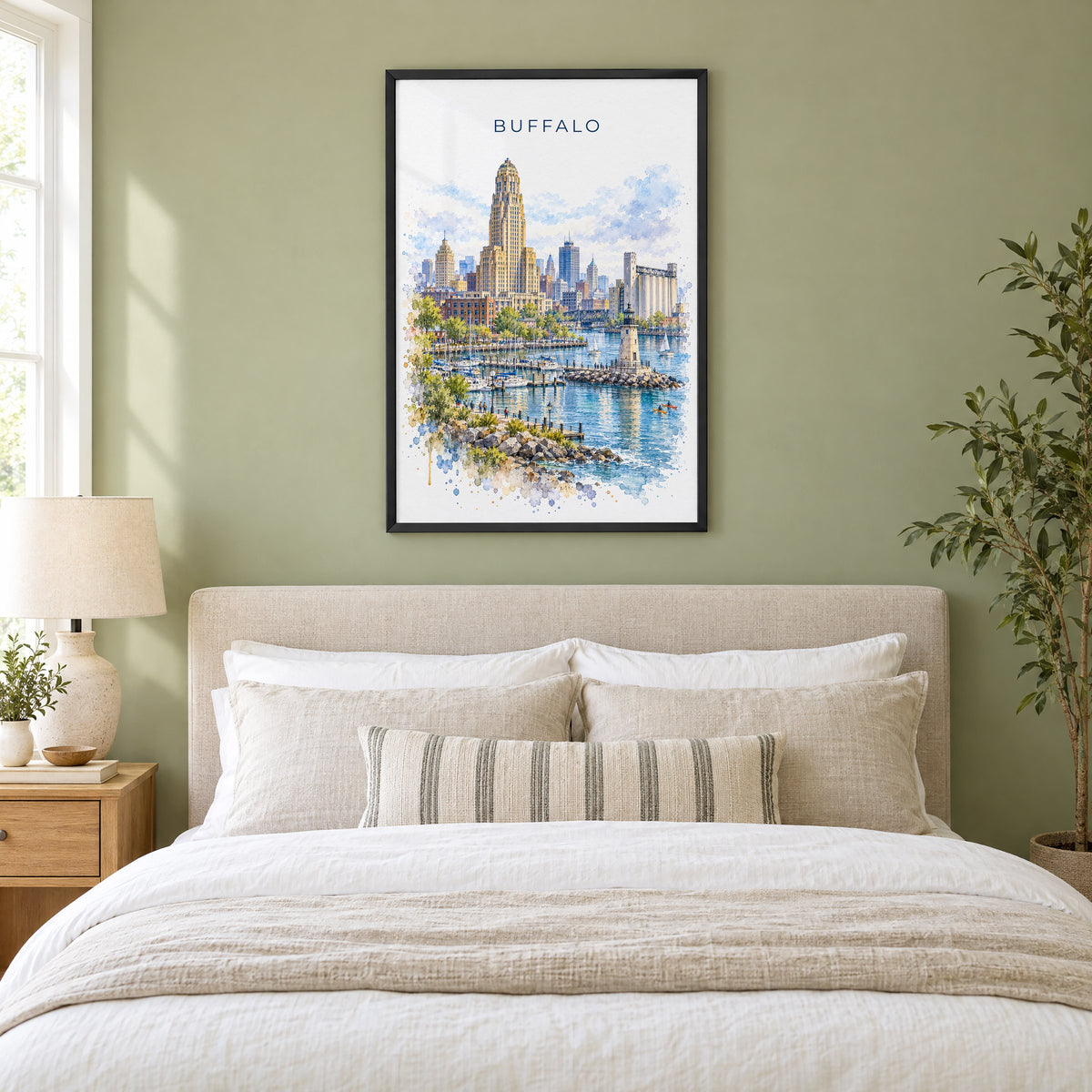 Buffalo watercolor print in a black frame above an upholstered headboard in a sage green bedroom