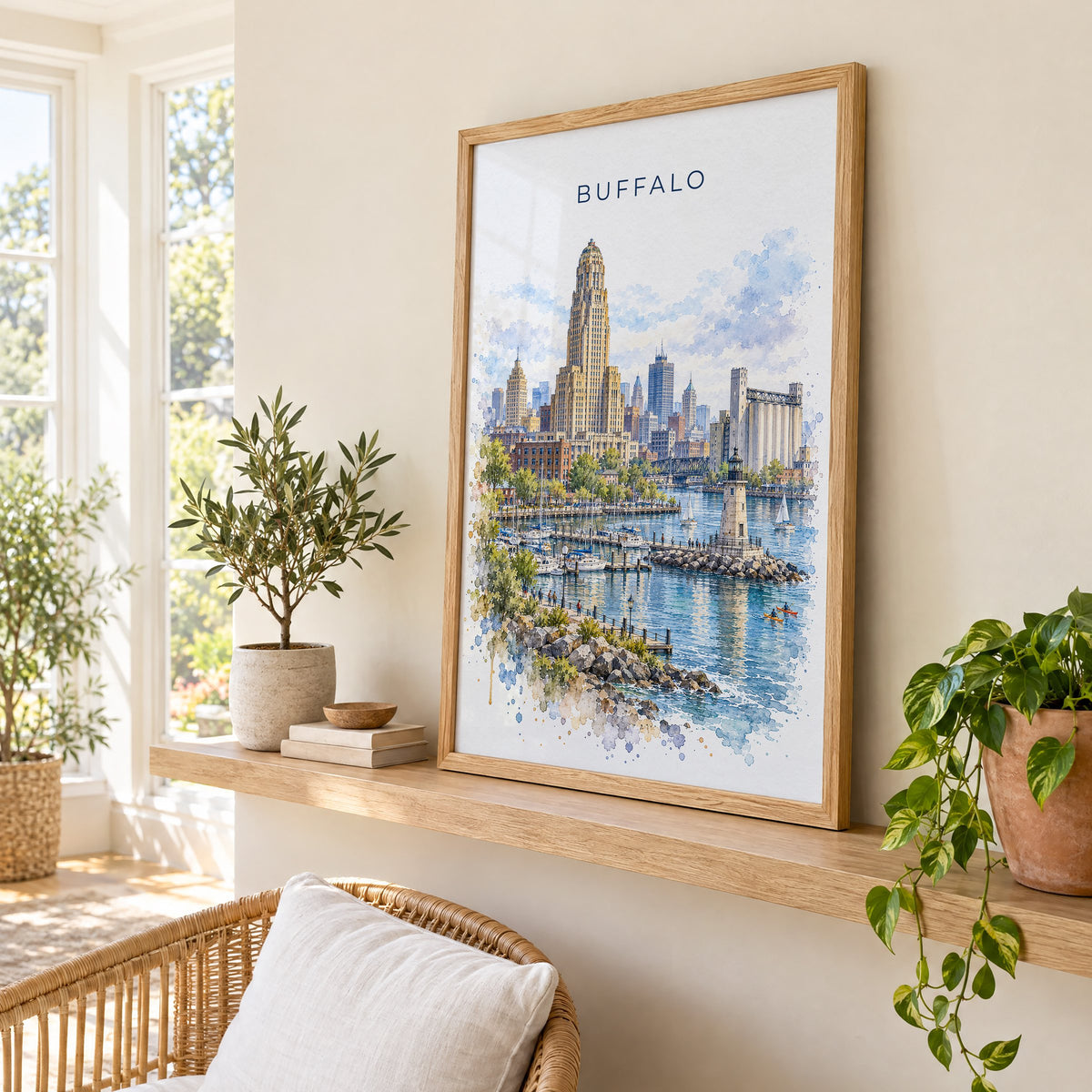 Buffalo watercolor print in an oak frame on a picture ledge in a sunlit sunroom