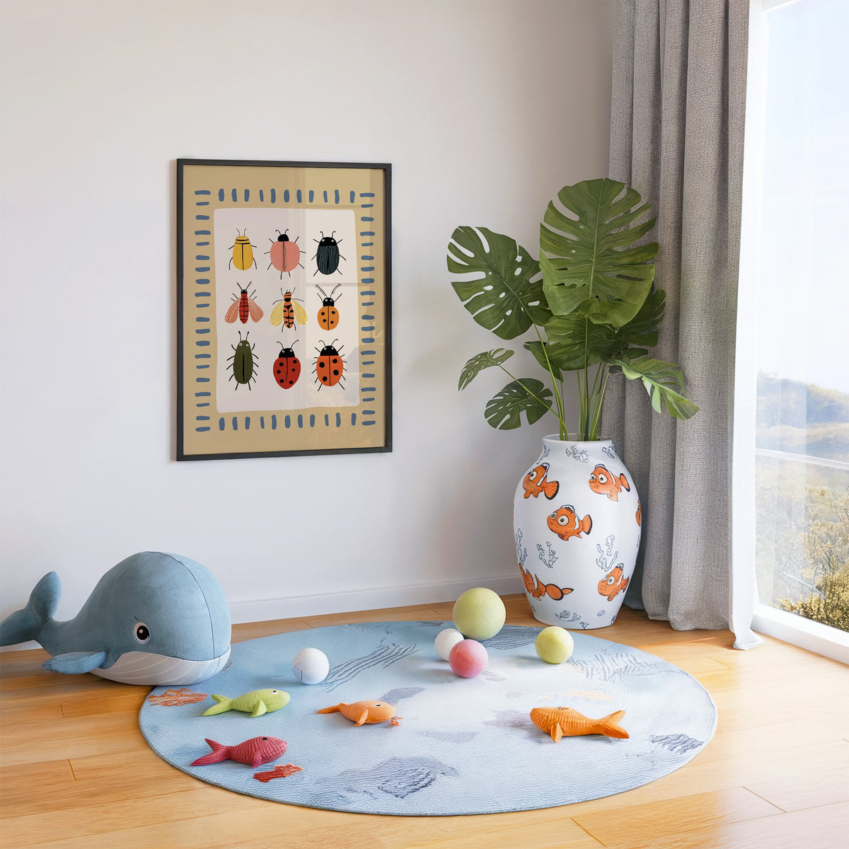 Bug collection chart nursery print in a black frame in a playroom with an ocean rug and whale plush