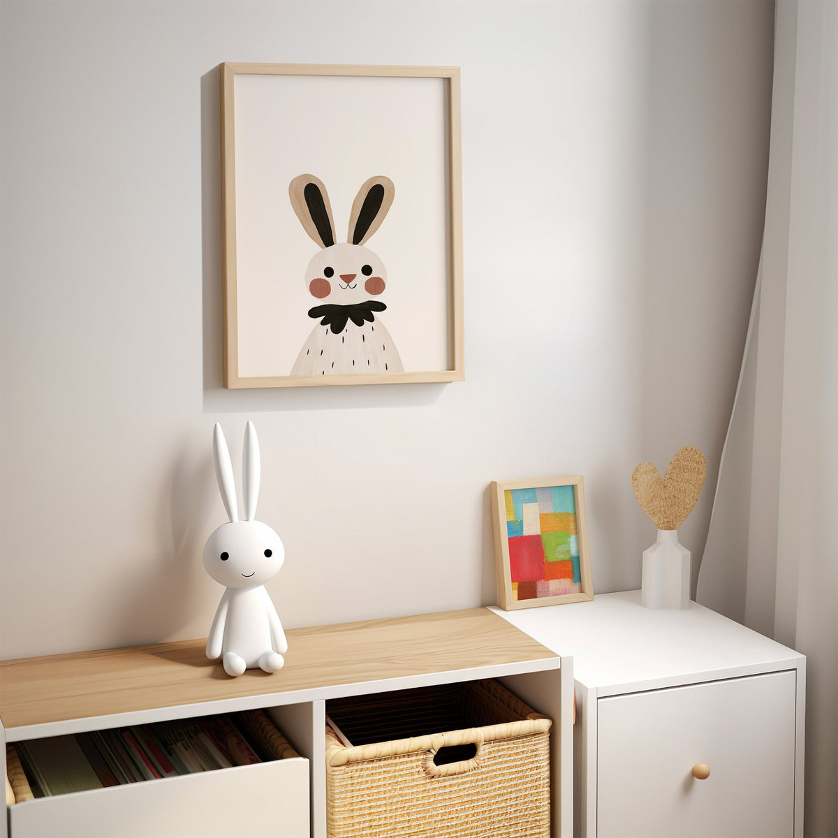 Bunny black ruffle collar nursery print in an oak frame above a kids cubby shelf with a woven basket and bunny lamp