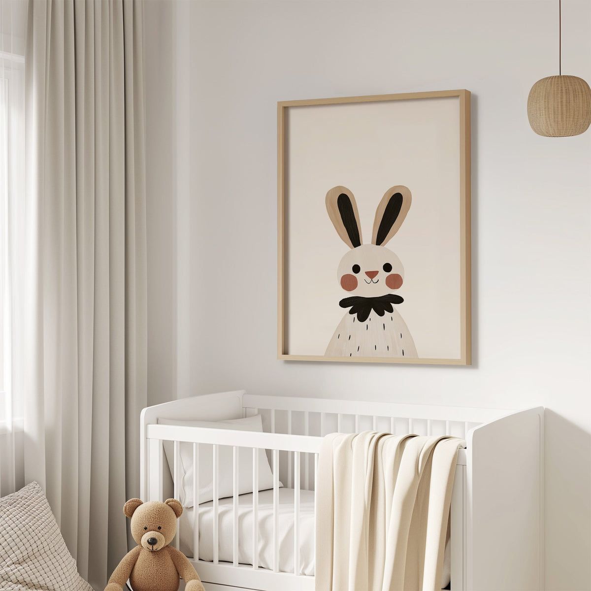 Bunny black ruffle collar nursery print in an oak frame above a white crib with a teddy bear