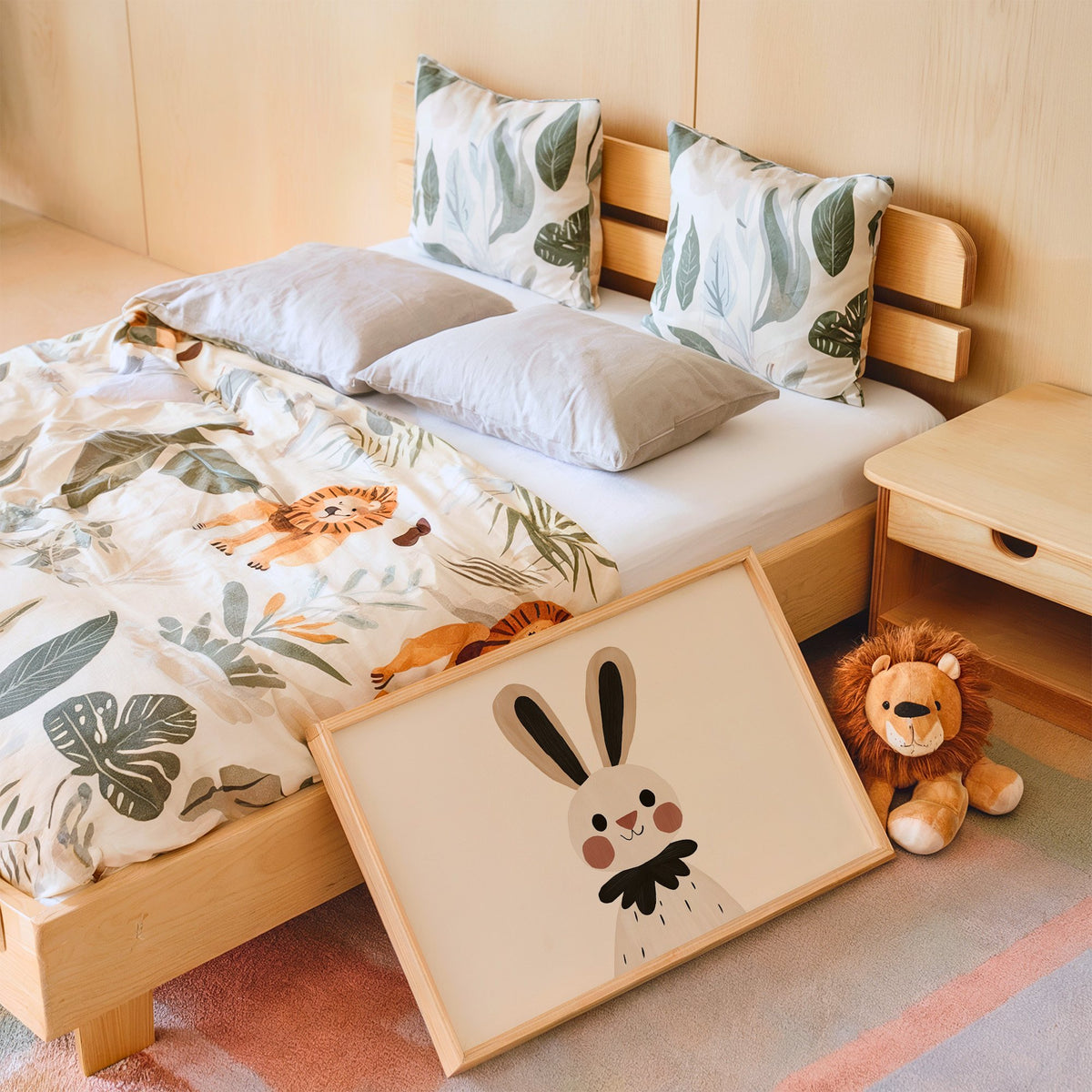 Landscape bunny black ruffle collar nursery print in an oak frame leaning on a kids bed by a lion plush