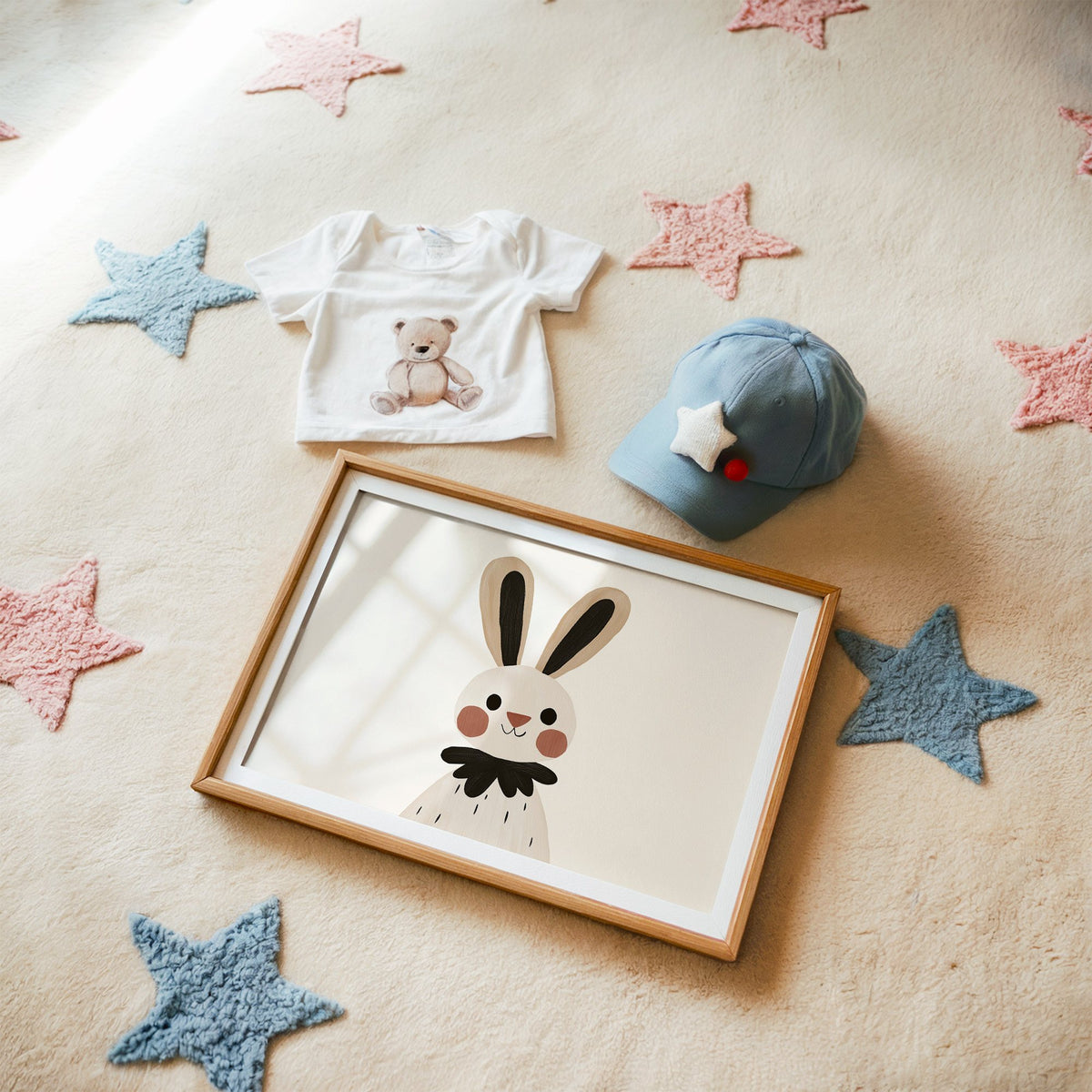 Landscape bunny black ruffle collar nursery print in a matted oak frame on a star rug with a baby tee