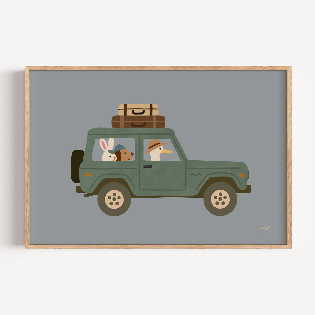 Animals riding green vintage suv nursery print in a light oak frame on a plain white wall
