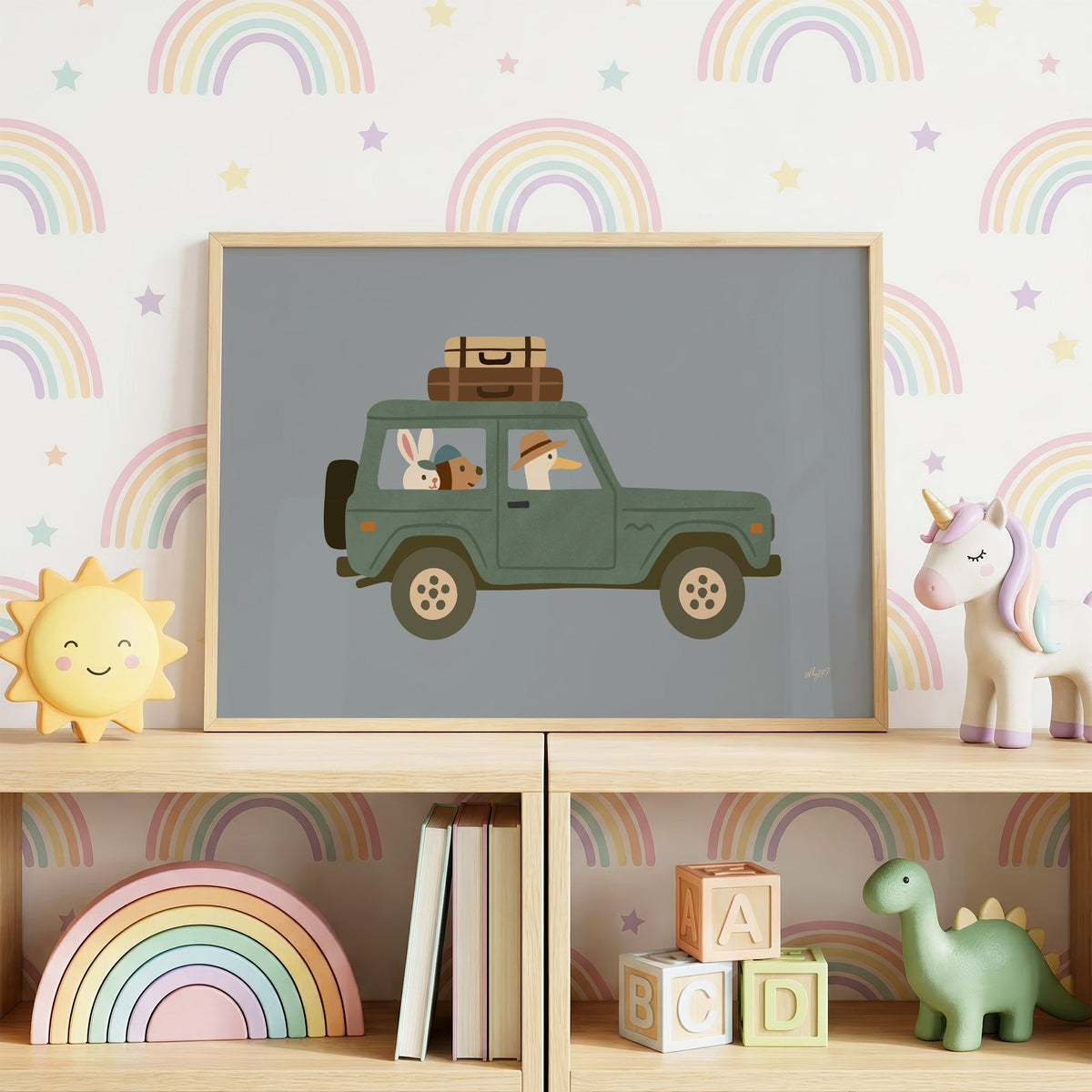 Animals riding green vintage suv nursery print in an oak frame on a toy shelf against rainbow wallpaper