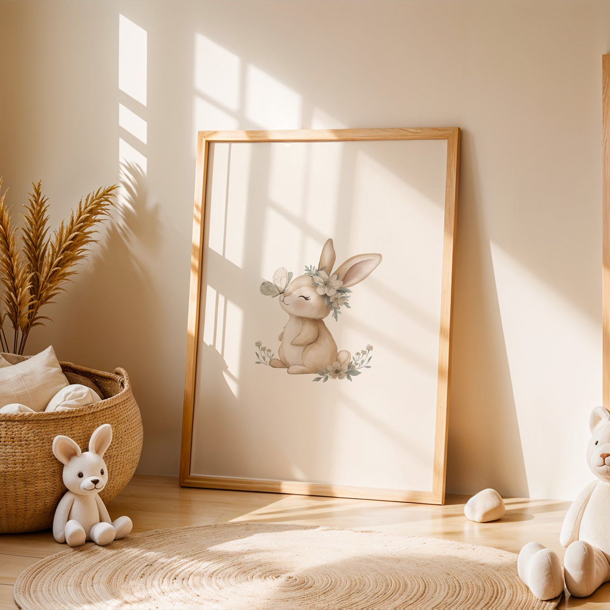 Bunny in a flower crown with butterfly nursery print in an oak frame leaning on a sunlit floor by a woven basket