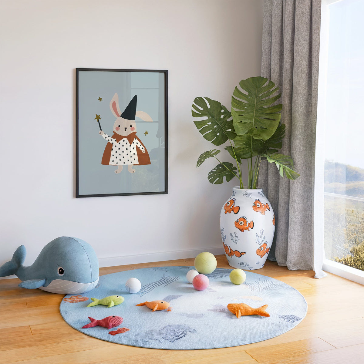 Bunny magician star wand nursery print in a black frame in a playroom with an ocean rug and whale plush