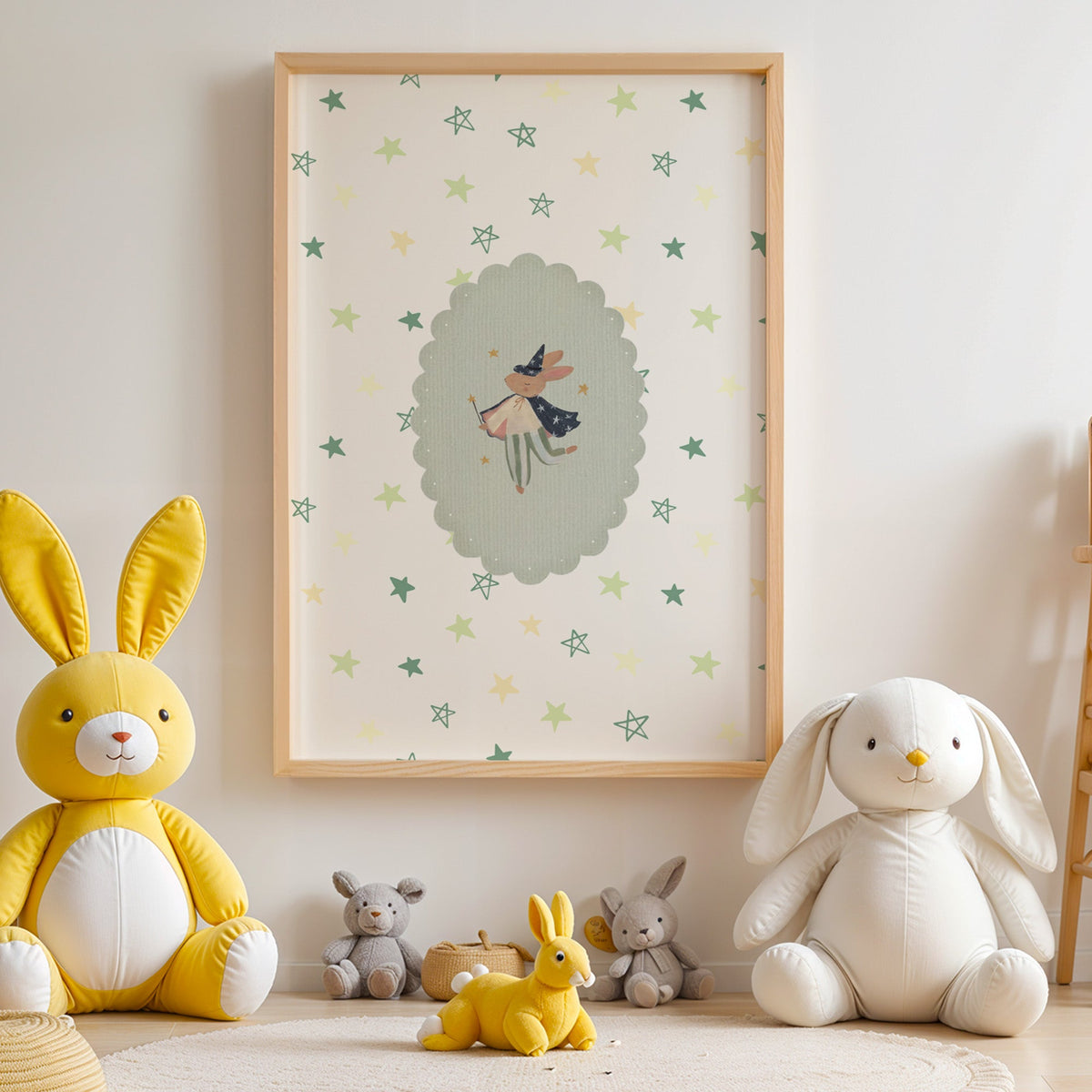 Bunny wizard with wand in sage oval nursery print in an oak frame above yellow and white plush bunnies
