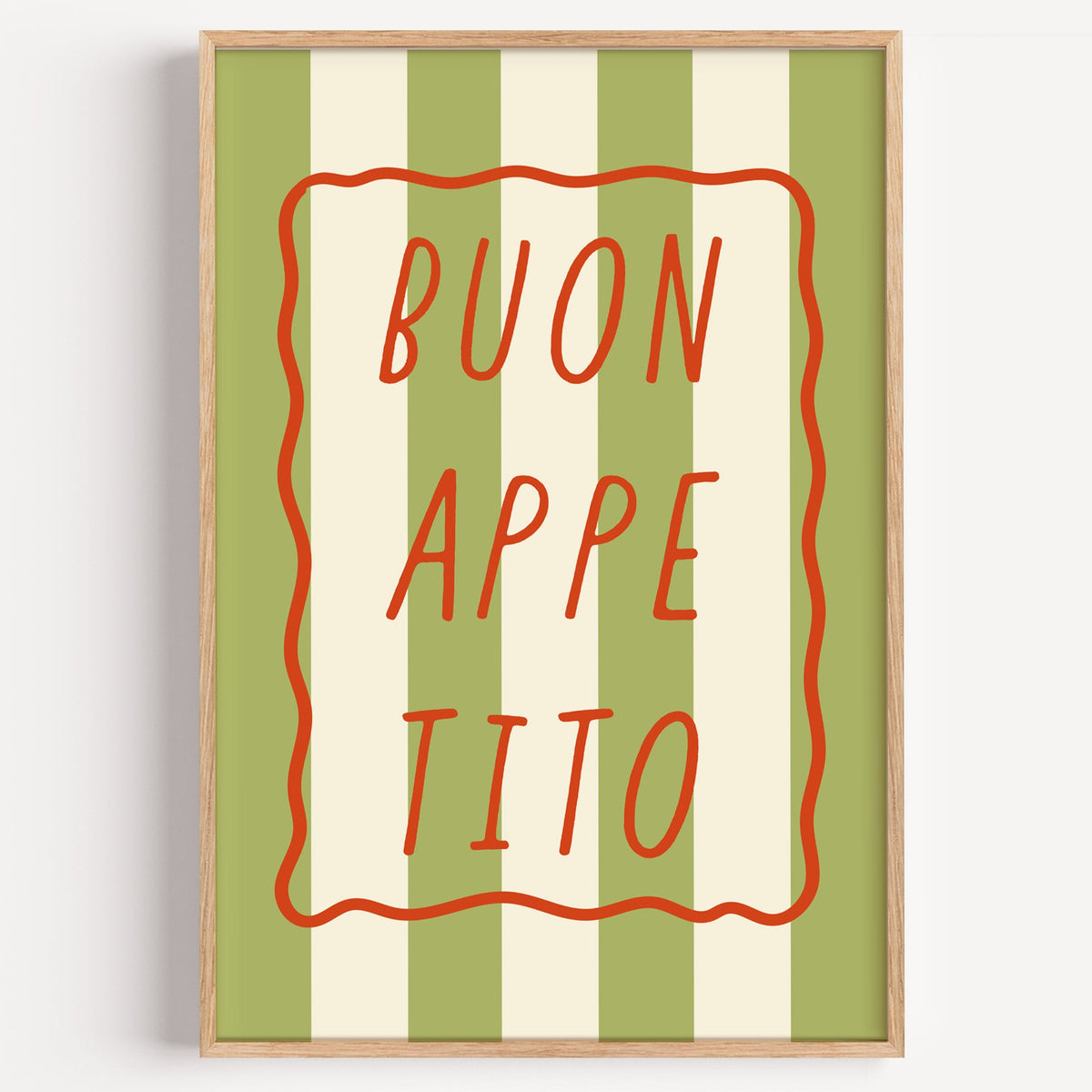 Buon appetito stripe print in a light oak frame on a plain white wall