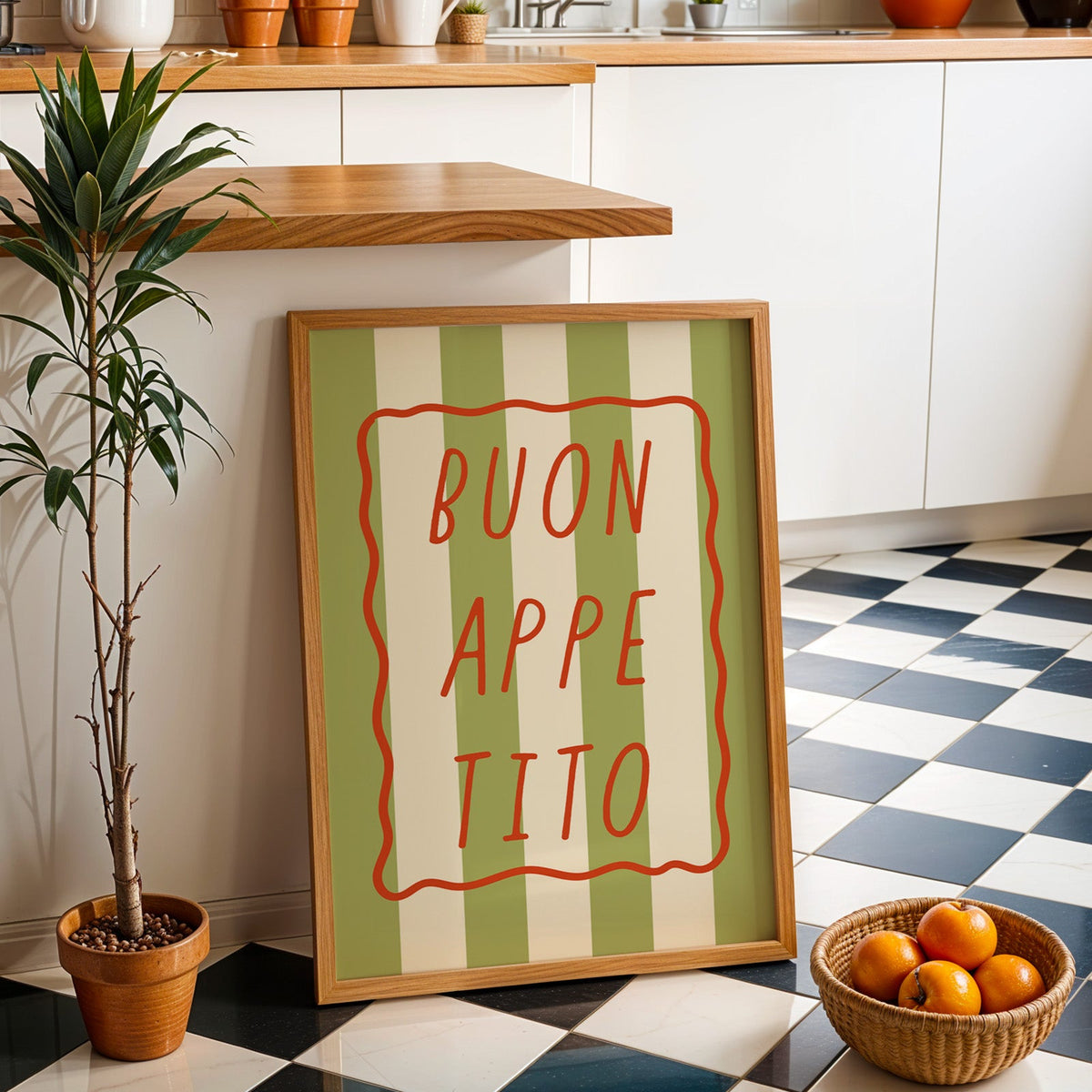 Buon appetito print in an oak frame by a kitchen island and checkered floor