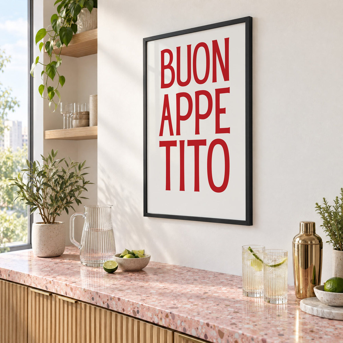 BUON APPE TITO red condensed type print in a black frame above a pink terrazzo cocktail counter with limes, seen at an angle