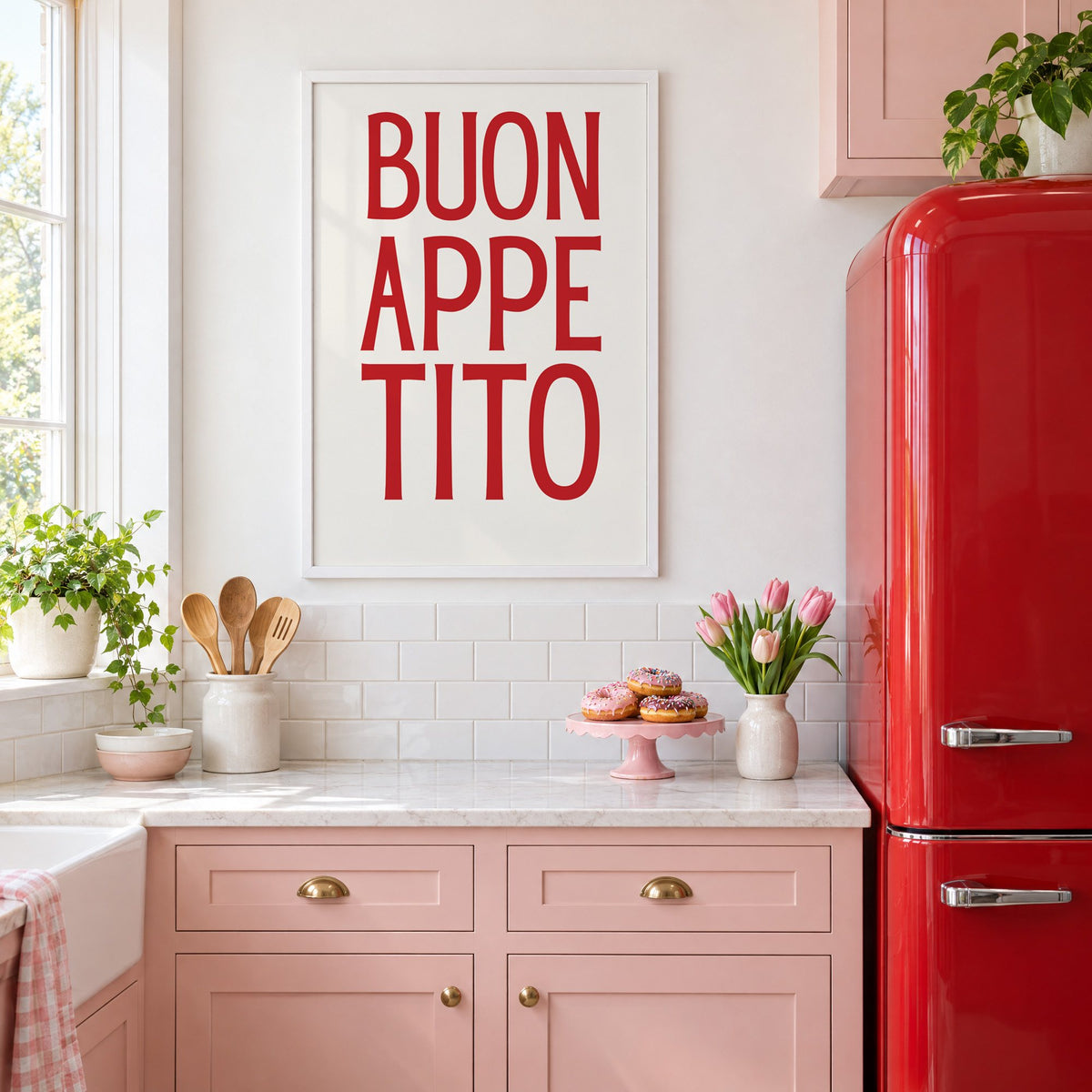 BUON APPE TITO red condensed type print in a white frame above pink cabinets beside a red retro fridge