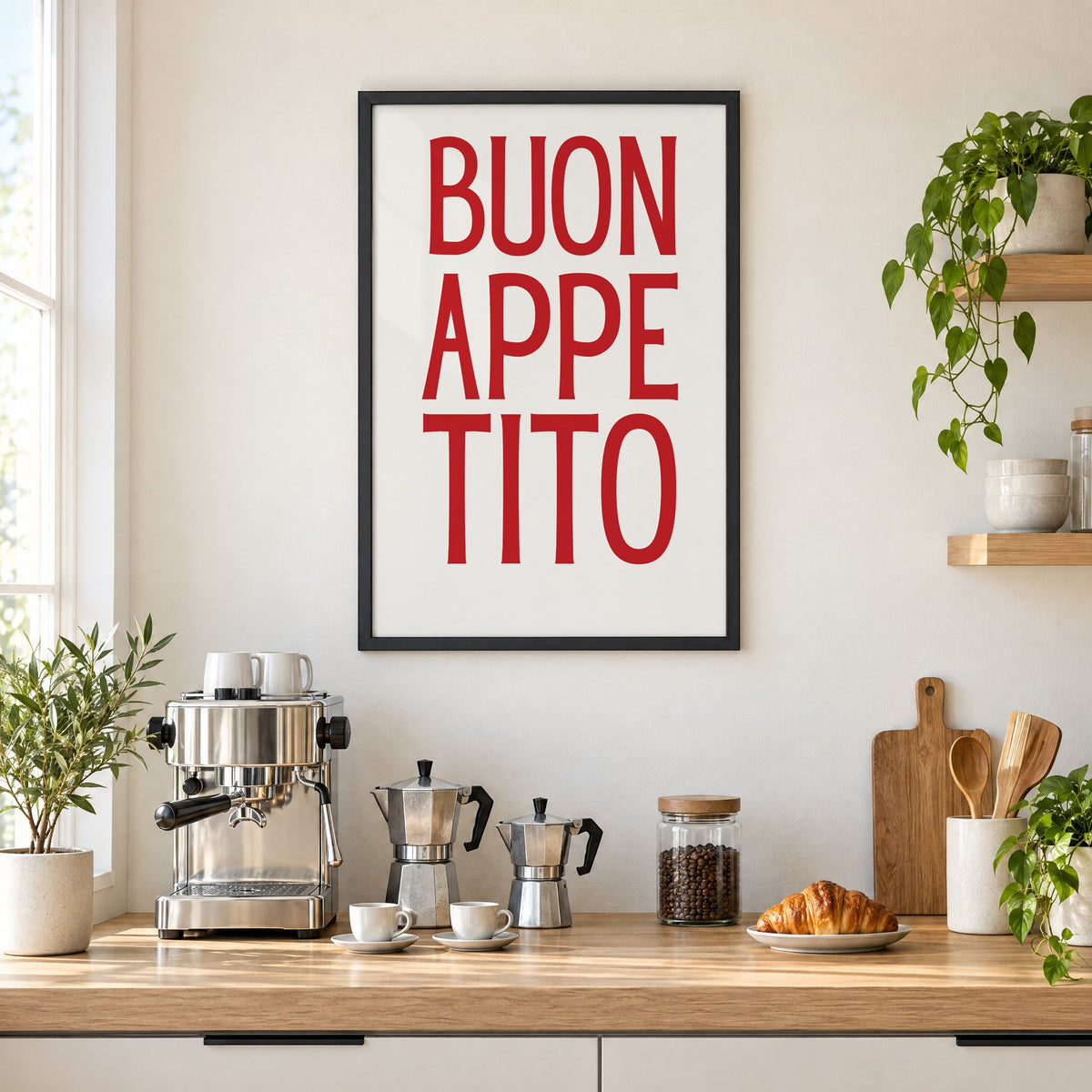 BUON APPE TITO red condensed type print in a black frame above a home espresso bar with moka pots and espresso cups