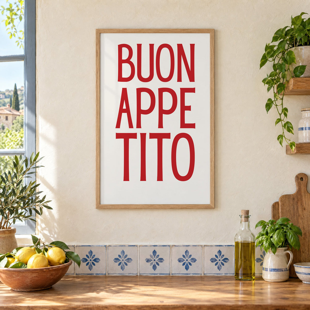 BUON APPE TITO red condensed type print in an oak frame on a cream plaster wall above a worktop with a bowl of lemons and blue-and-white tiles