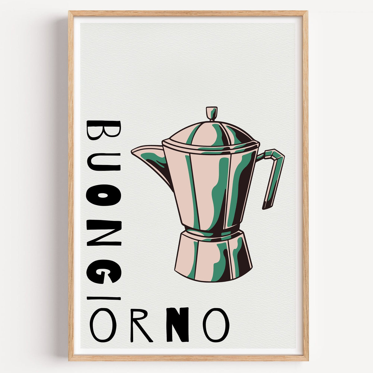 BUONGIORNO moka pot pop art print in a light oak frame on a plain white wall